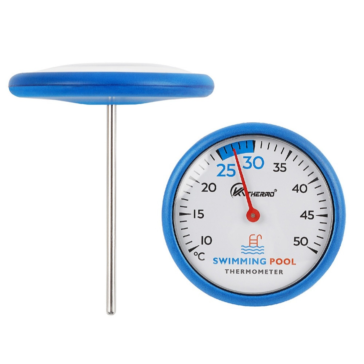 Ein runder blauer Poolthermometer mit analoger Anzeige und weißem Zifferblatt auf weißem Hintergrund.