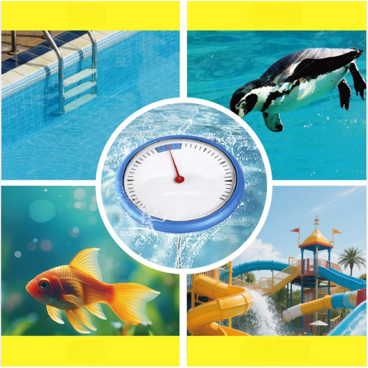 Ein Poolthermometer im Zentrum zeigt Bilder von Schwimmbad, Pinguin, Goldfisch und Wasserrutsche.