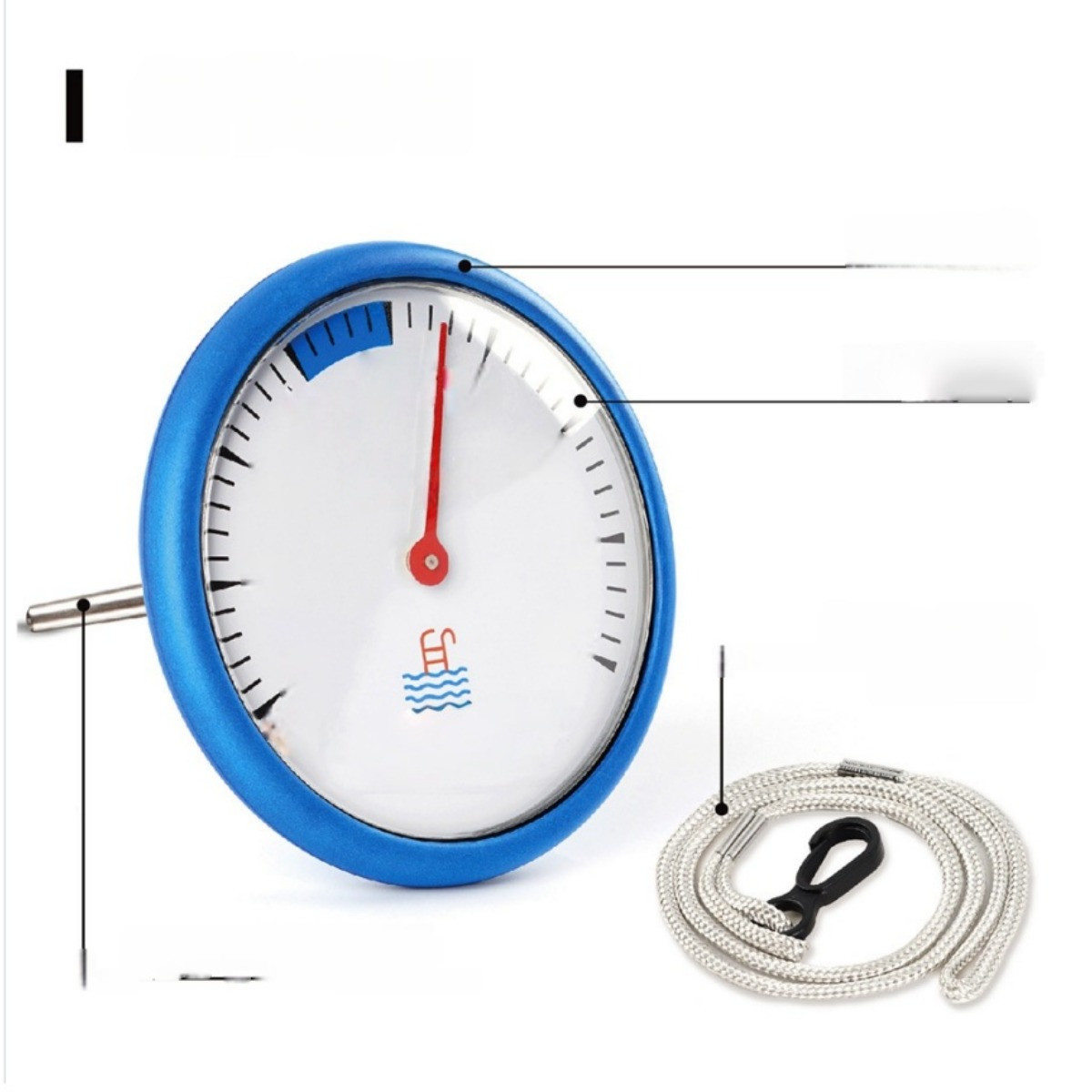 Ein rundes, blaues Poolthermometer mit weißem Zifferblatt, roter Nadel und einem weißen Seil mit schwarzem Clip.