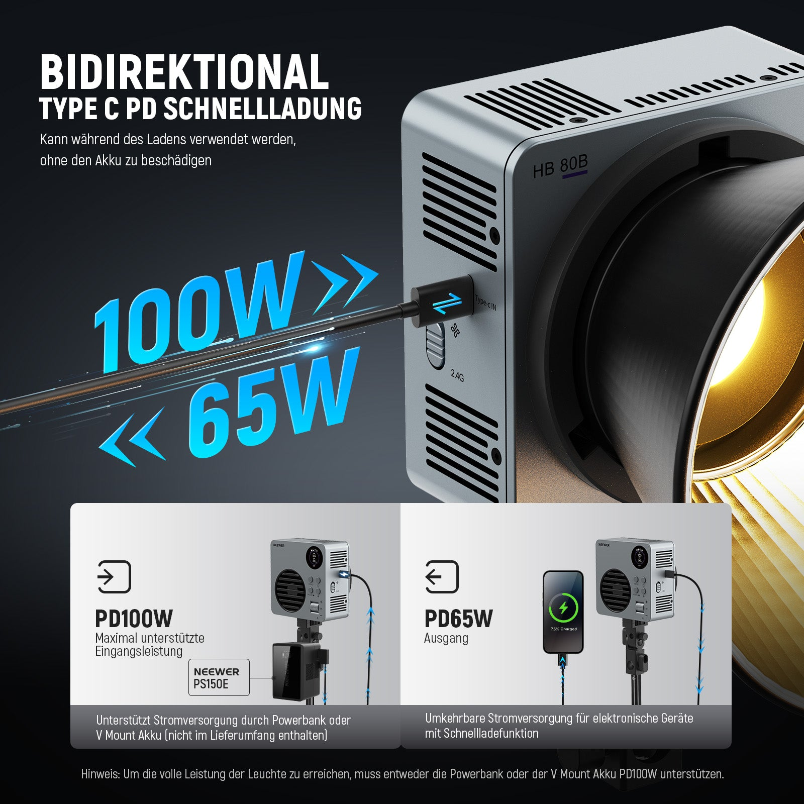 LED-Leuchte HB 80B mit bidirektionalem 100W/65W USB-C PD Schnellladen und Grafiken zu den Stromversorgungsoptionen.