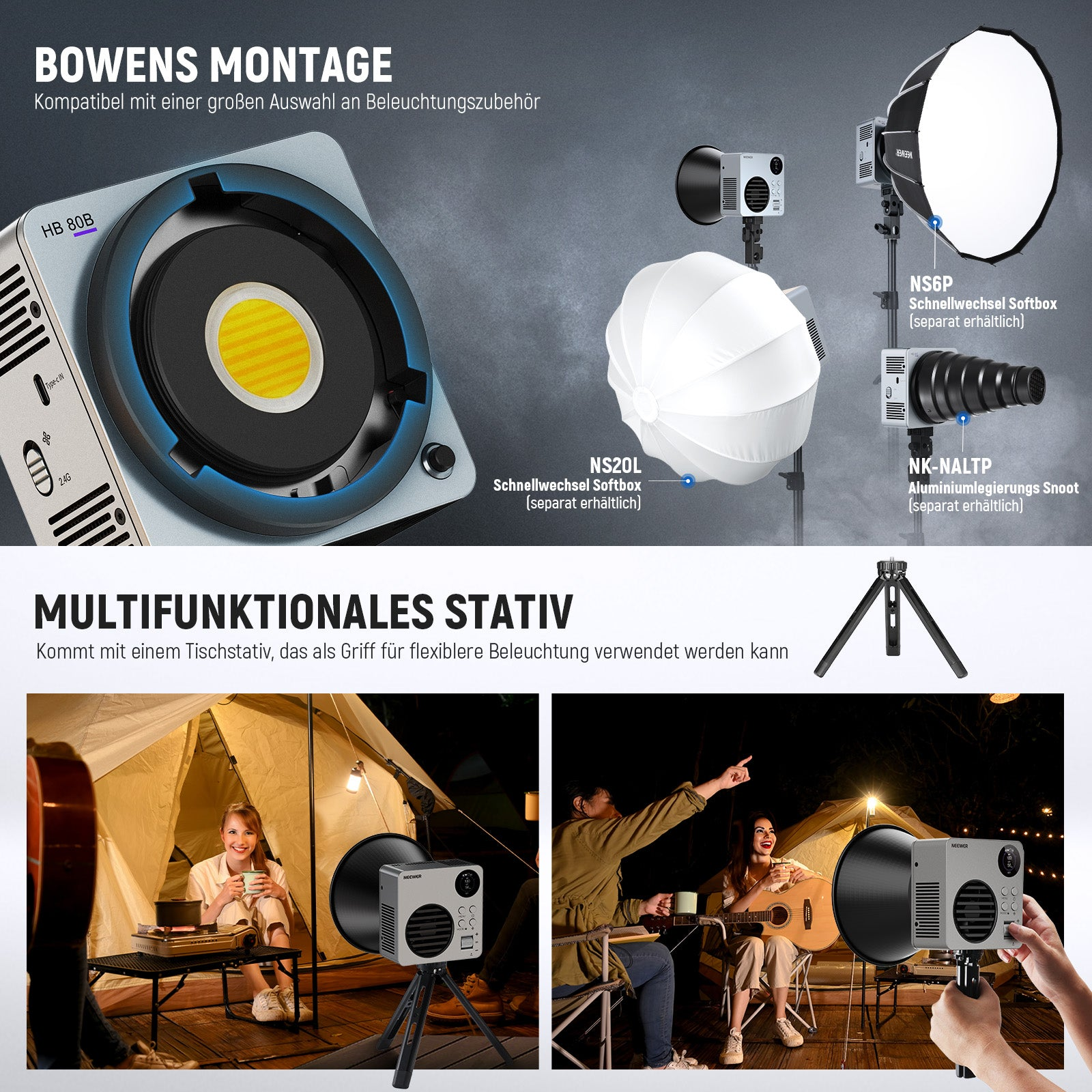 Produktwerbung für LED-Leuchten mit Bowens-Mount, Softboxen, Stativ und Camping-Nutzung.
