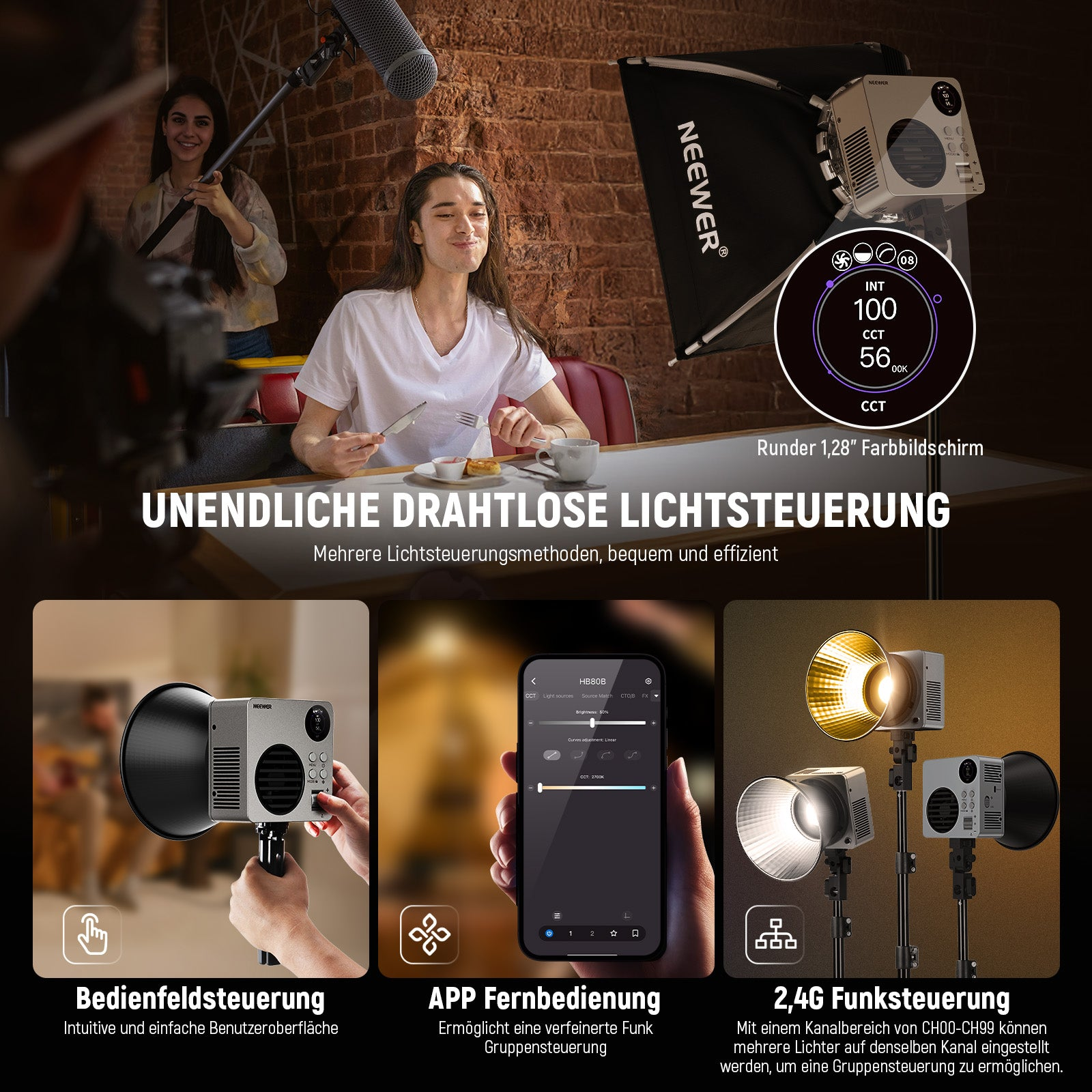 Produktwerbung für Neewer LED-Licht mit kabelloser Steuerung per Bedienfeld, App oder Funk.