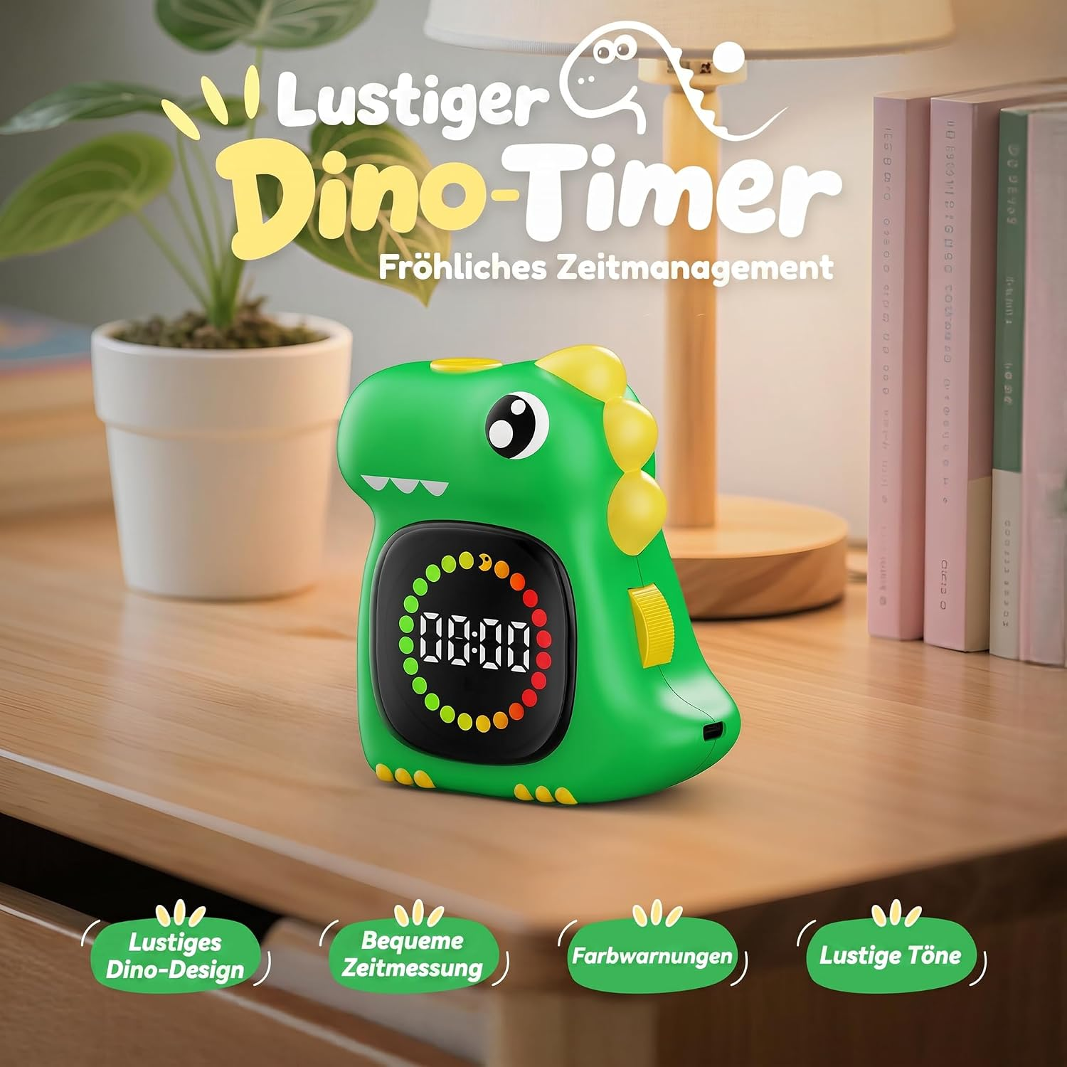 Ein grüner Dino-Timer mit digitaler Anzeige auf einem Holztisch, im Hintergrund eine Pflanze und Bücher.
