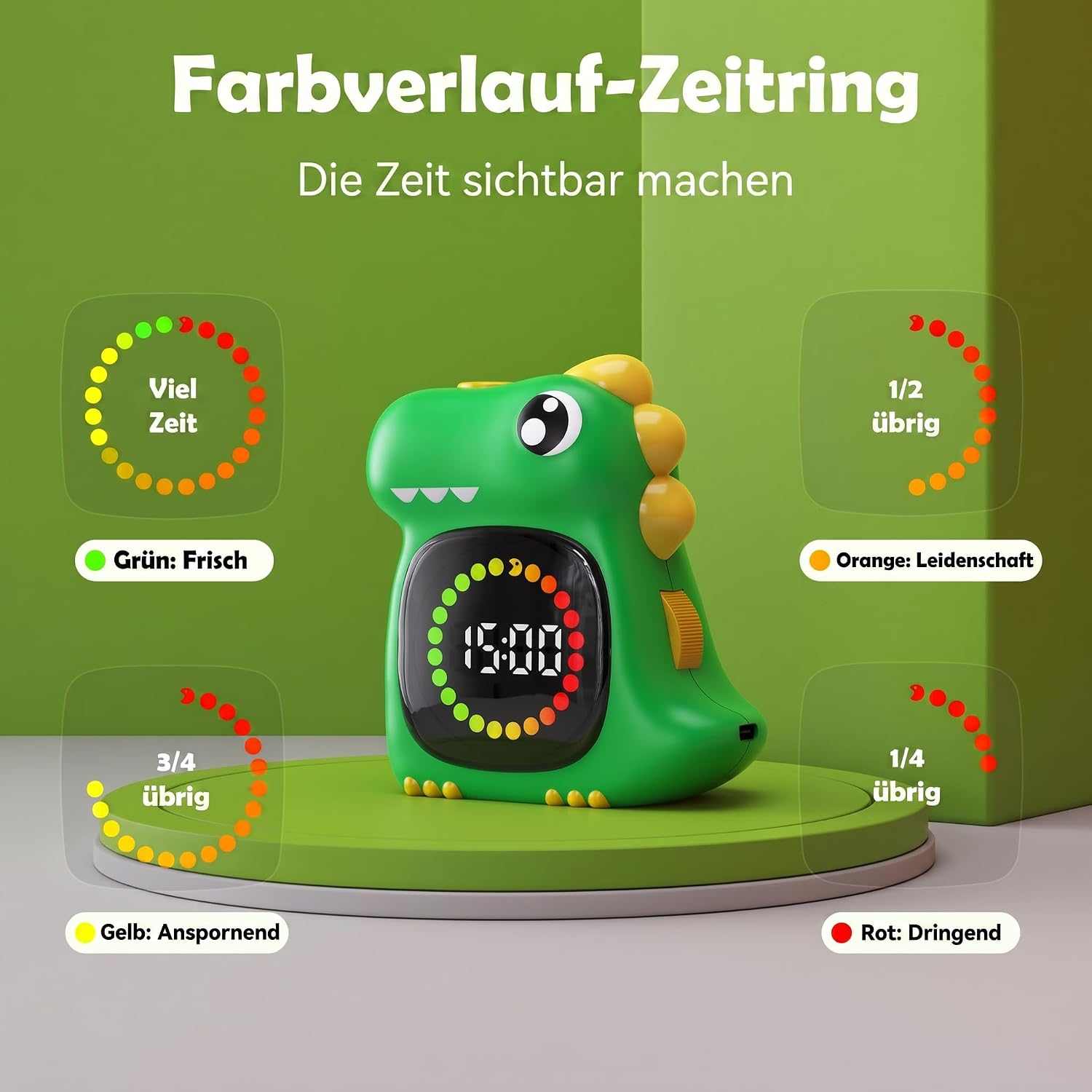 Grüner Dinosaurier-Kinderwecker mit Farbverlauf-Zeitring vor grünem Hintergrund.