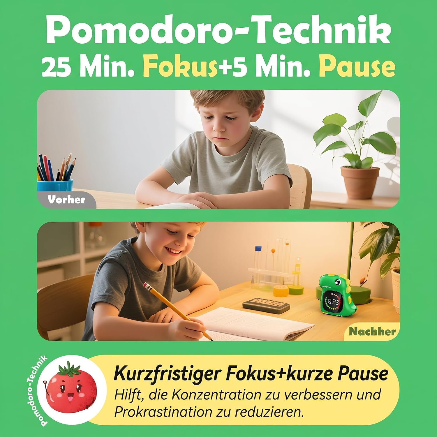 Grafik zur Pomodoro-Technik mit einem Kind beim Lernen vor und nach der Anwendung.
