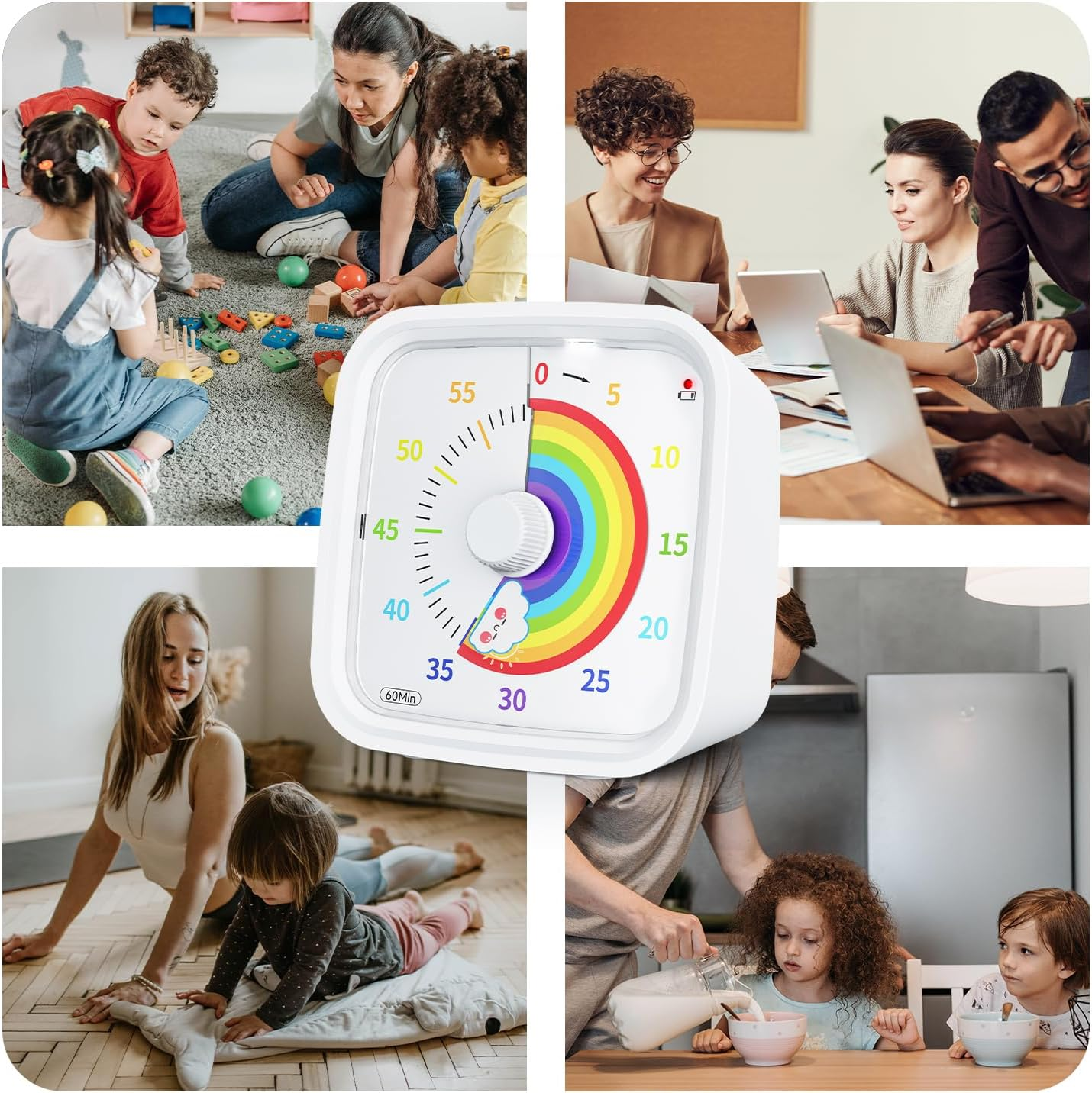 Ein weißer visueller Timer mit regenbogenfarbenem Zifferblatt steht im Zentrum, umgeben von vier Alltagsszenen.