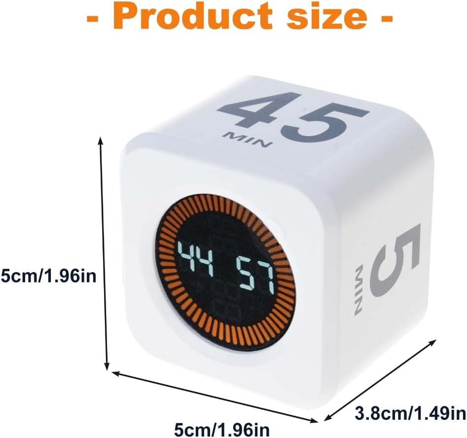 Ein weißer Würfel-Timer mit digitalem Display und Maßangaben.