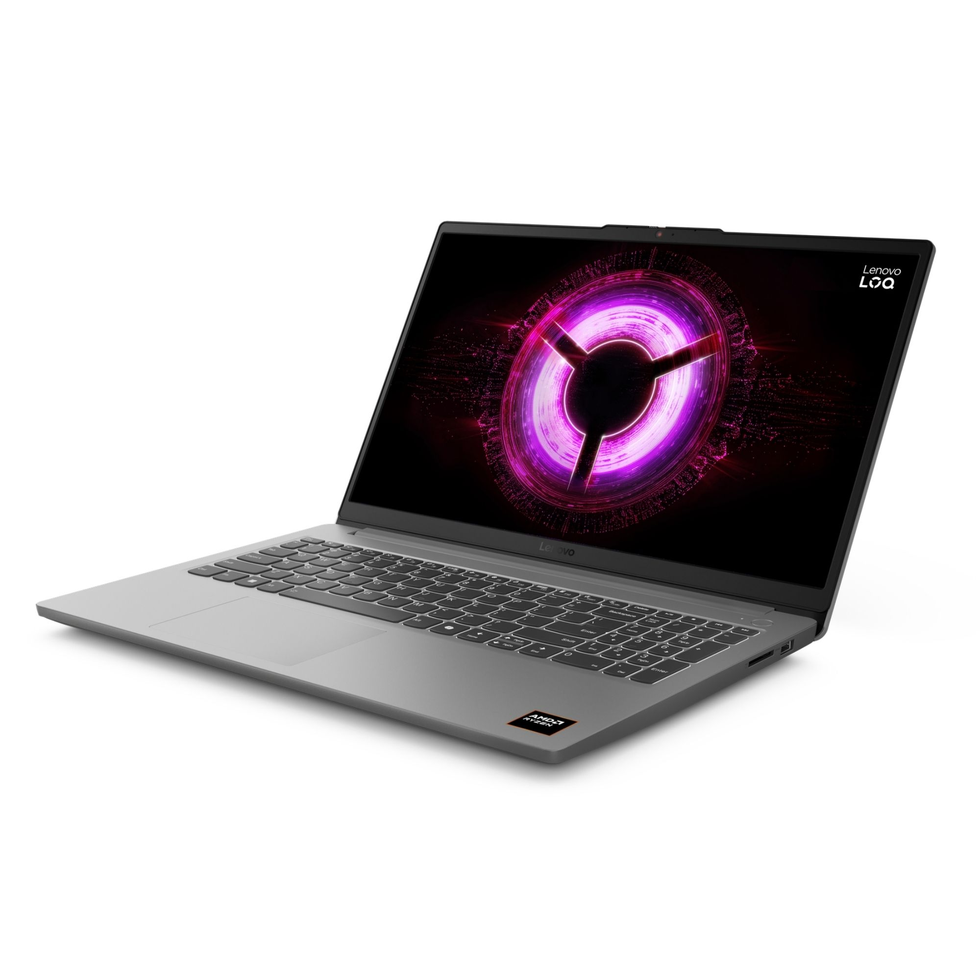 Beyaz arka planda canlı mor ve pembe girdap duvar kağıdına sahip açık gri Lenovo LOQ dizüstü bilgisayar.