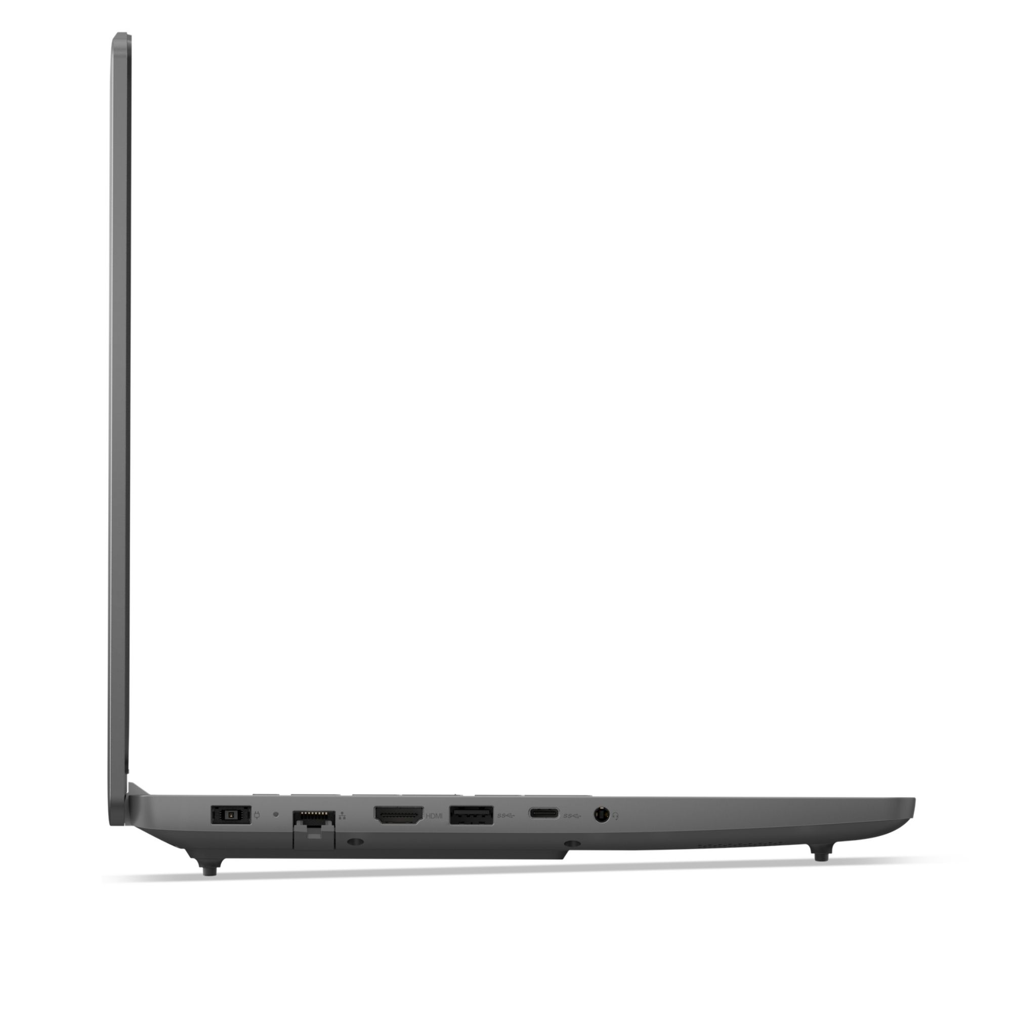 Beyaz arkaplanda HDMI, USB ve Ethernet gibi çeşitli bağlantı noktalarını gösteren gri dizüstü bilgisayarın yandandan görünümü.