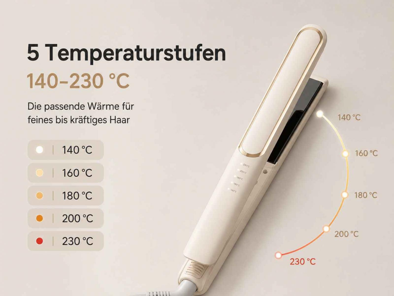 Beige Haarglätter mit fünf Temperatureinstellungen von 140 bis 230 Grad Celsius.