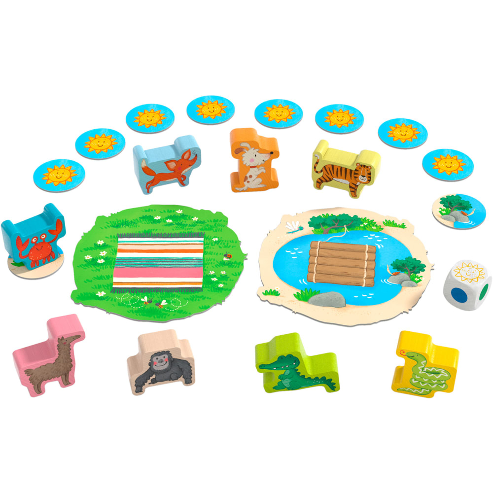 Buntes Kinderspiel aus Holz mit Tiermotiven, einer Picknickdecke, einem See und runden Sonnen-Marken auf weißem Grund.