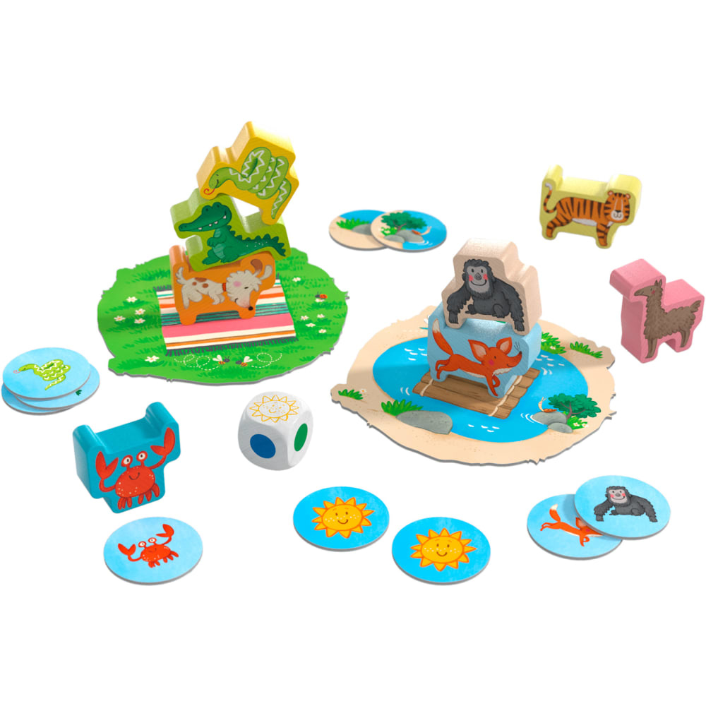 Buntes Kinderspiel mit Stapelfiguren aus Holz, Würfel und runden Spielkarten.