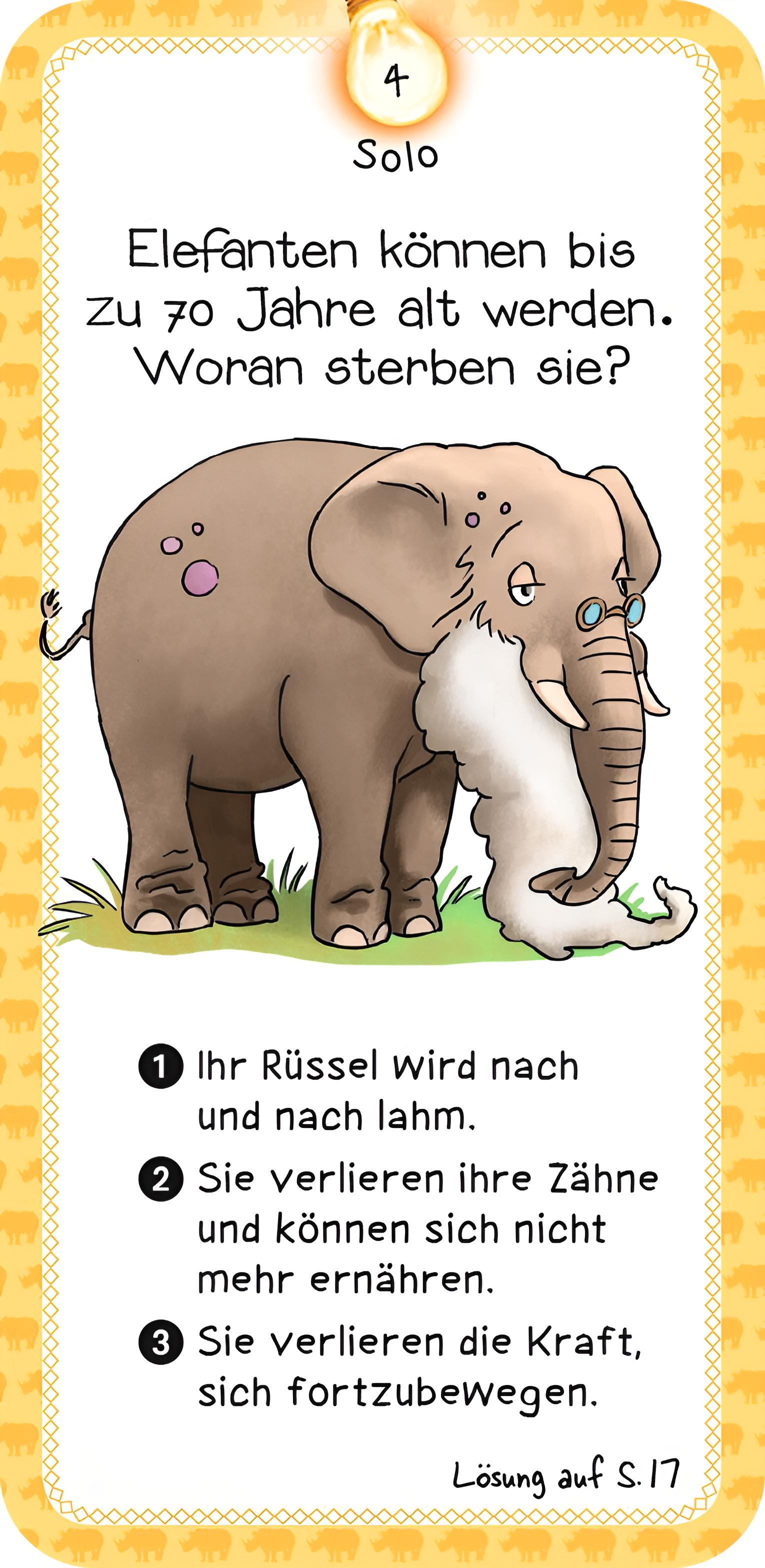 Quizkarte über Elefanten mit einer Illustration und drei Antwortmöglichkeiten.