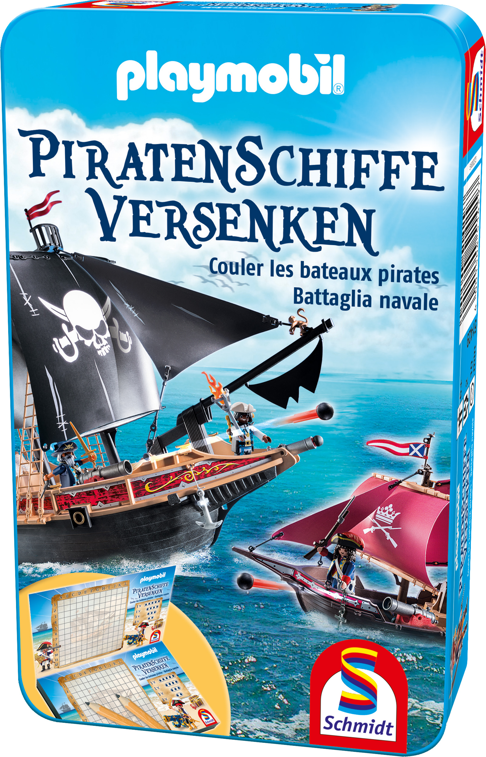 Playmobil-Brettspielkasten mit zwei Piratenschiffen im Gefecht auf dem Meer und Spielbrett unten.