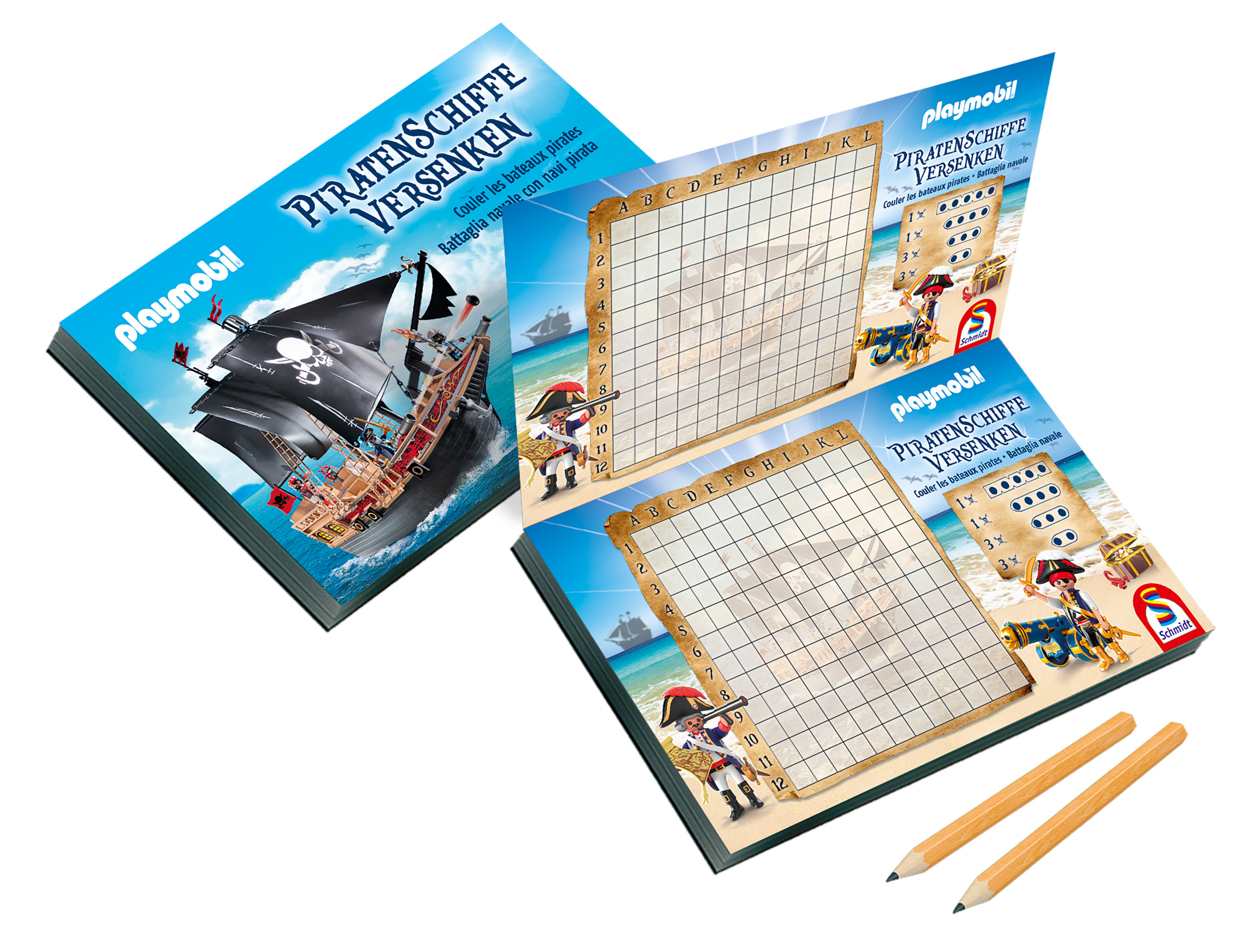 Playmobil Piratenschiffe Versenken Spiel mit Blöcken, Stiften und Piratenmotiven auf blauem Hintergrund.