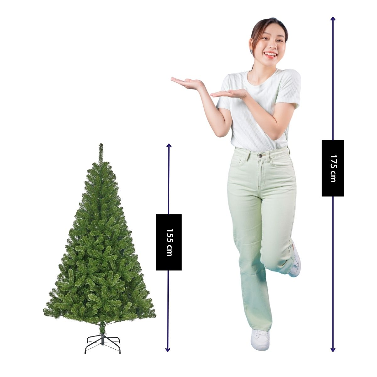 Een jonge vrouw staat naast een kunstkerstboom, met hoogte-indicaties van 155 cm en 175 cm.