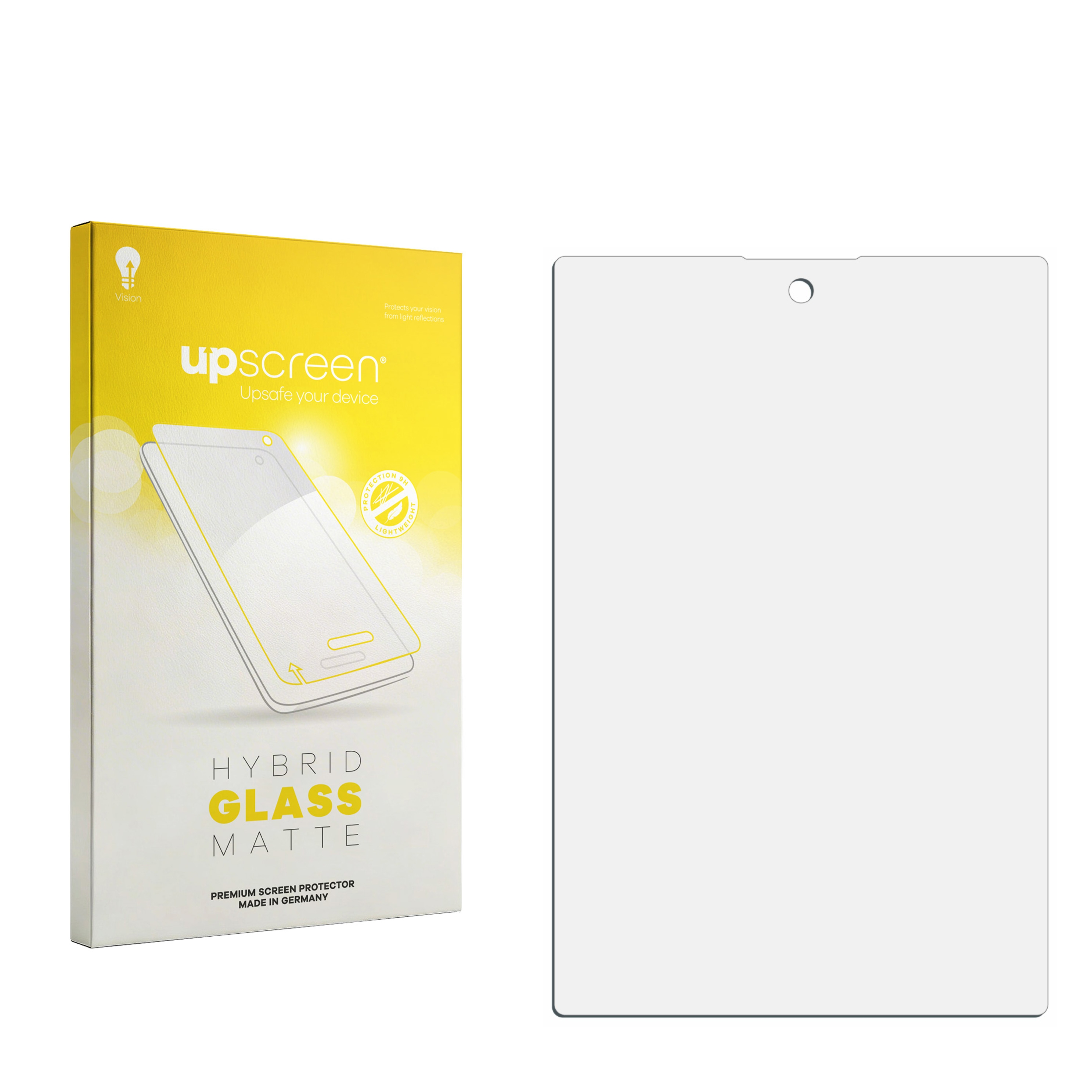 Upscreen Hybrid Glass Matte Verpackung neben einer mattierten Displayschutzfolie mit Kameraaussparung.