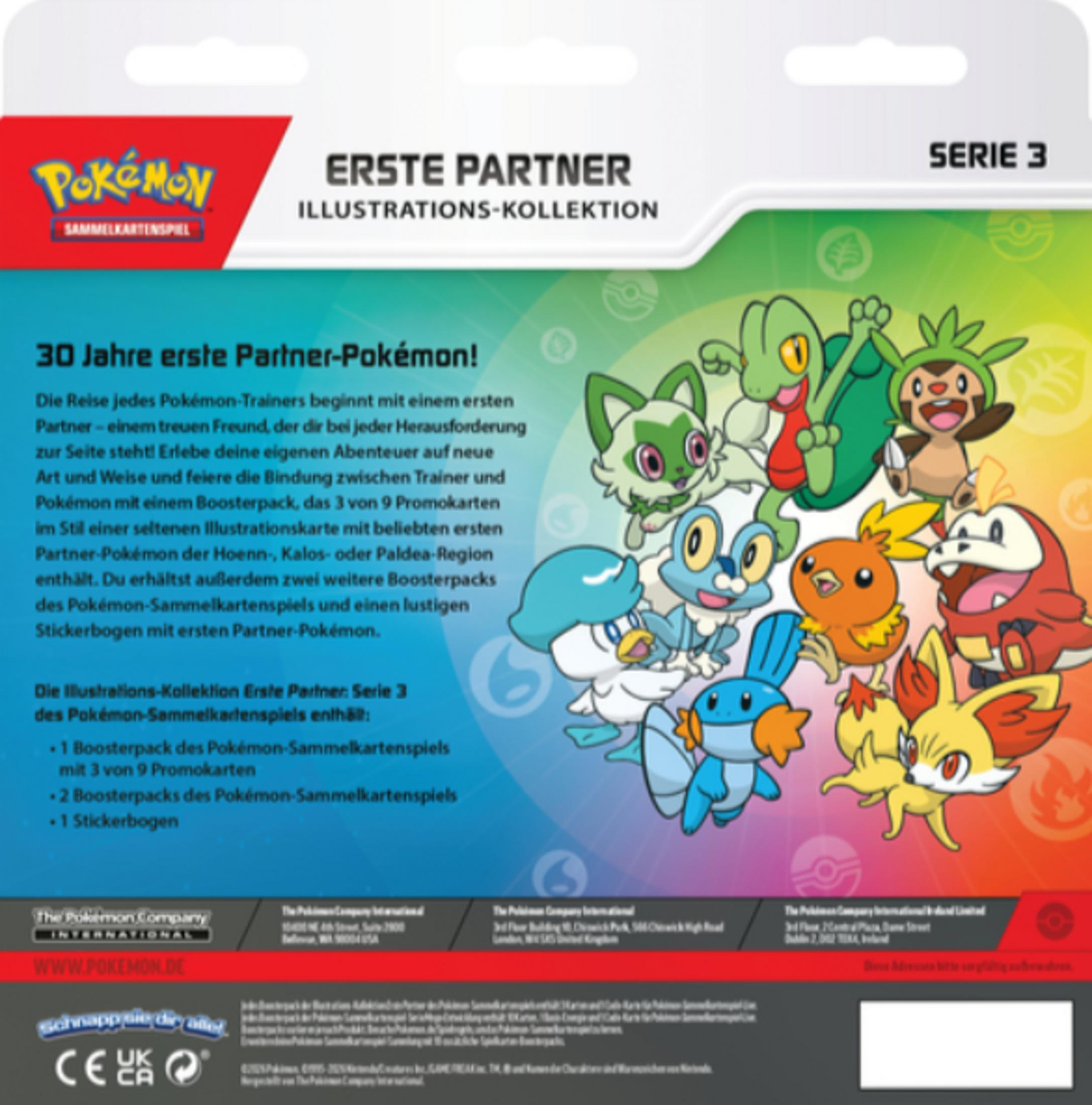 Pokémon Erste Partner Illustrations-Kollektion Serie 3 Verpackungsrückseite mit verschiedenen Pokémon-Figuren.