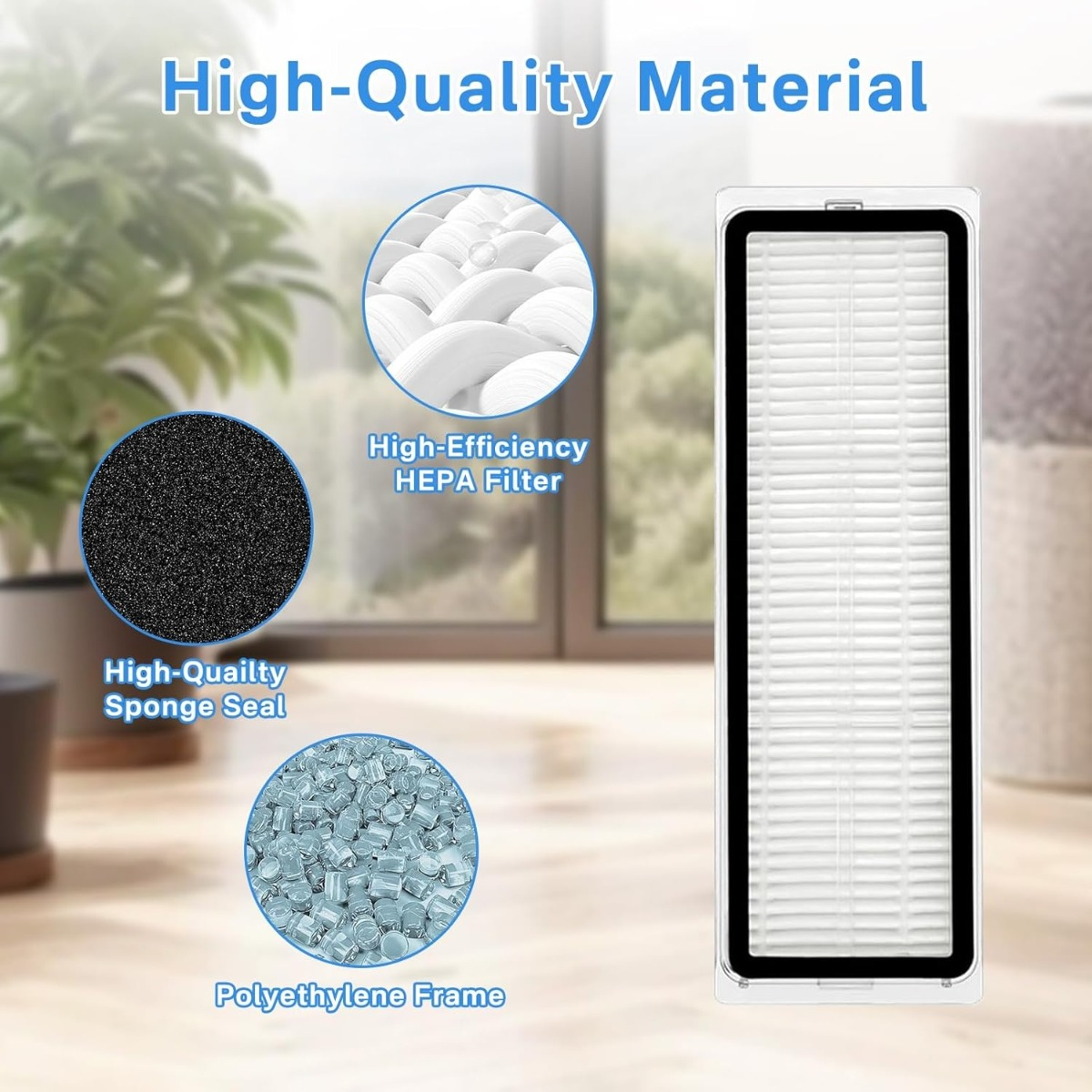 Ein Vakuumfilter mit Detailkreisen für HEPA-Filter, Schwahndichtung und Polyethylen-Rahmen vor einem unscharfen Hintergrund.