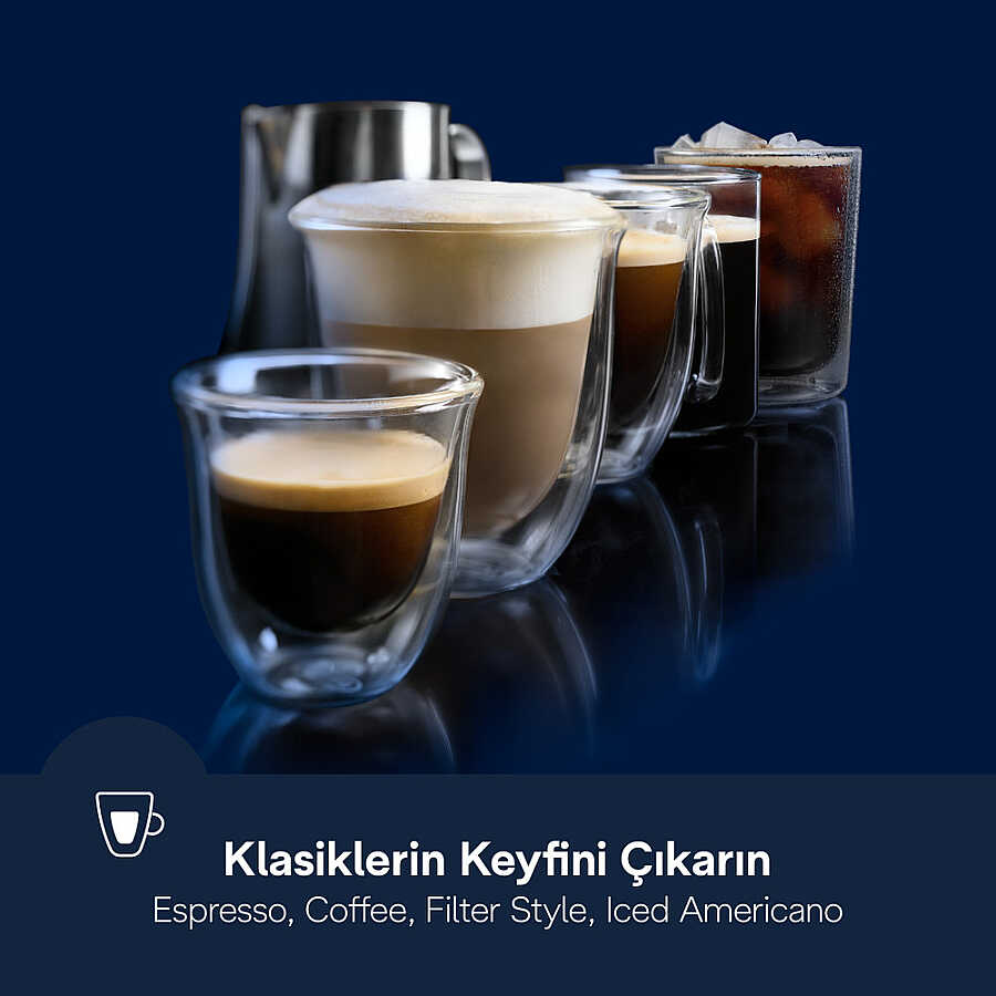 Mavi arka plan önünde cam kupalarda espresso ve cappuccino gibi çeşitli kahve çeşitleri.