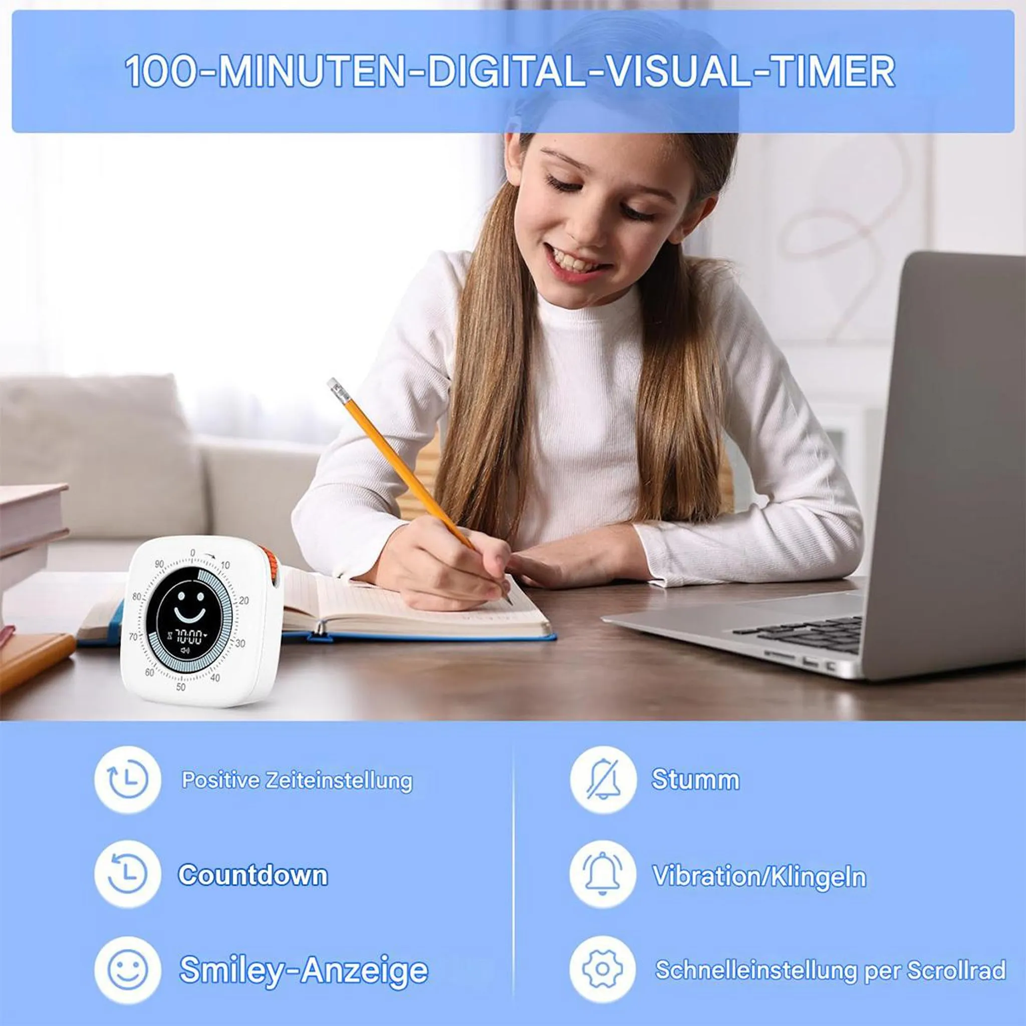 Ein Mädchen schreibt in ein Notizbuch neben einem Laptop und einem digitalen Timer auf dem Schreibtisch.