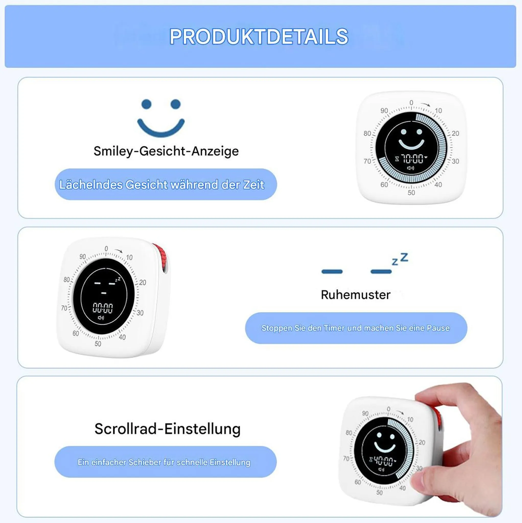 Produktdetails für einen weißen digitalen Timer mit Smiley, Ruhemodus und Scrollrad zur einfachen Einstellung.