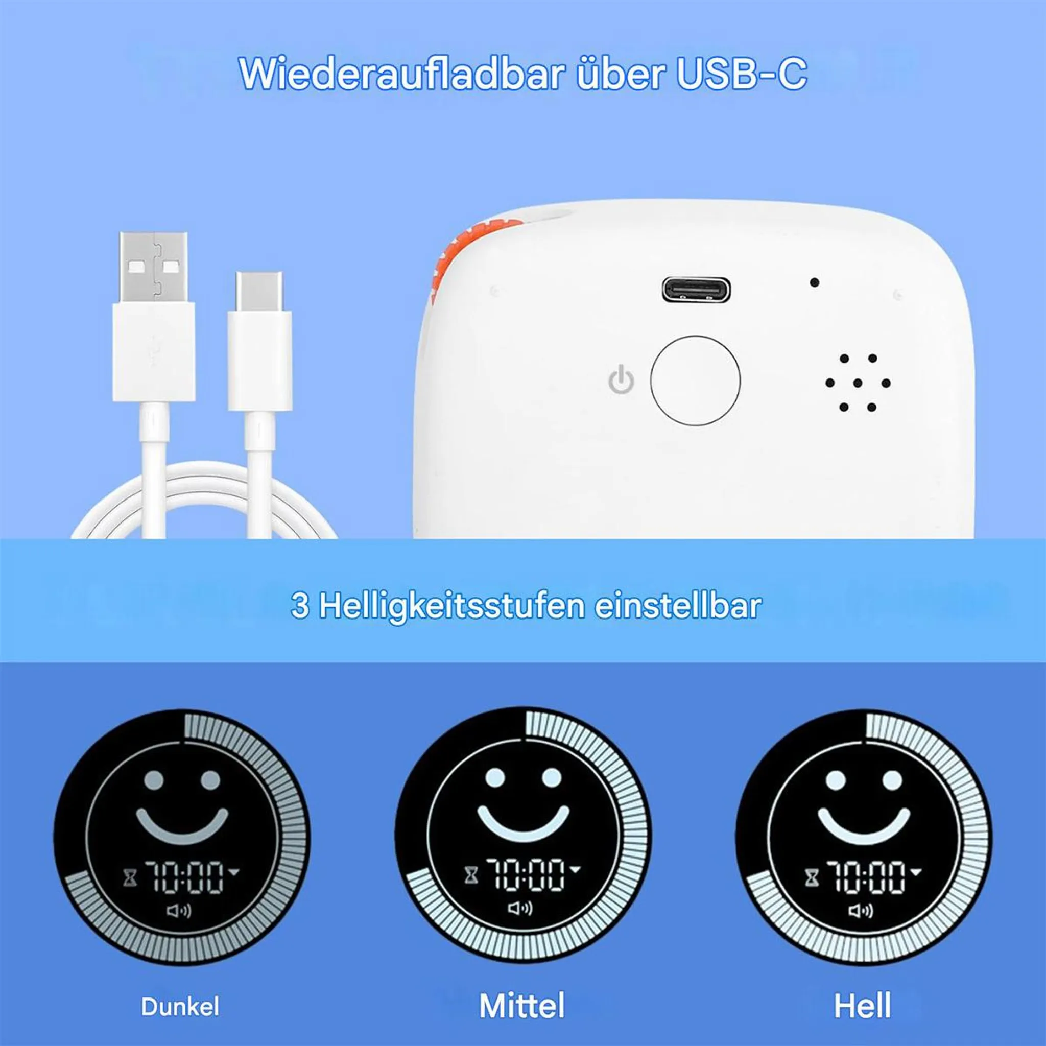 Ein weißes USB-C-Gerät und Ladekabel, unten mit drei Helligkeitsstufen auf runden Displays.