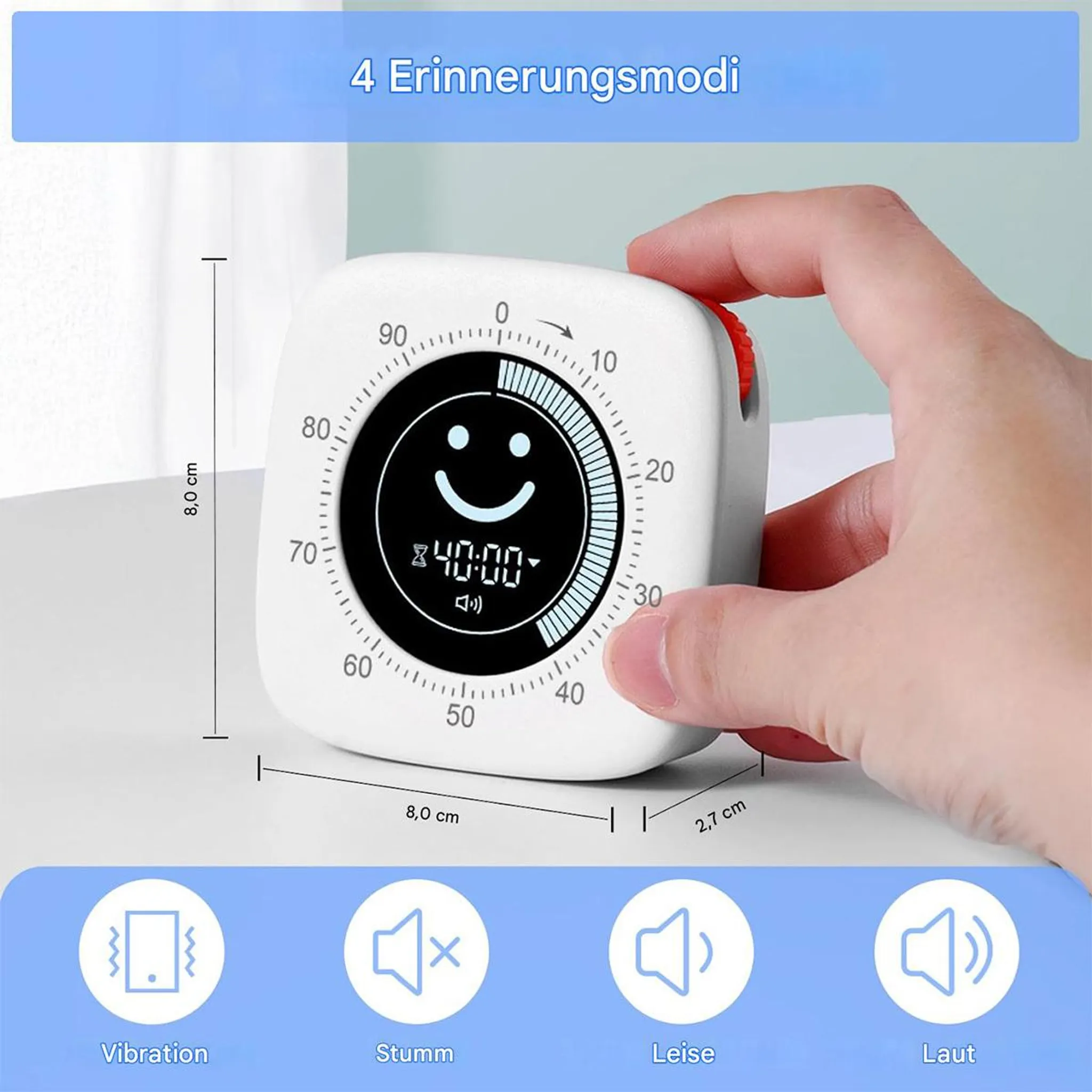 Weißer Countdown-Timer mit Smiley-Display, Maßangaben und vier Icons für Erinnerungsmodi unten.