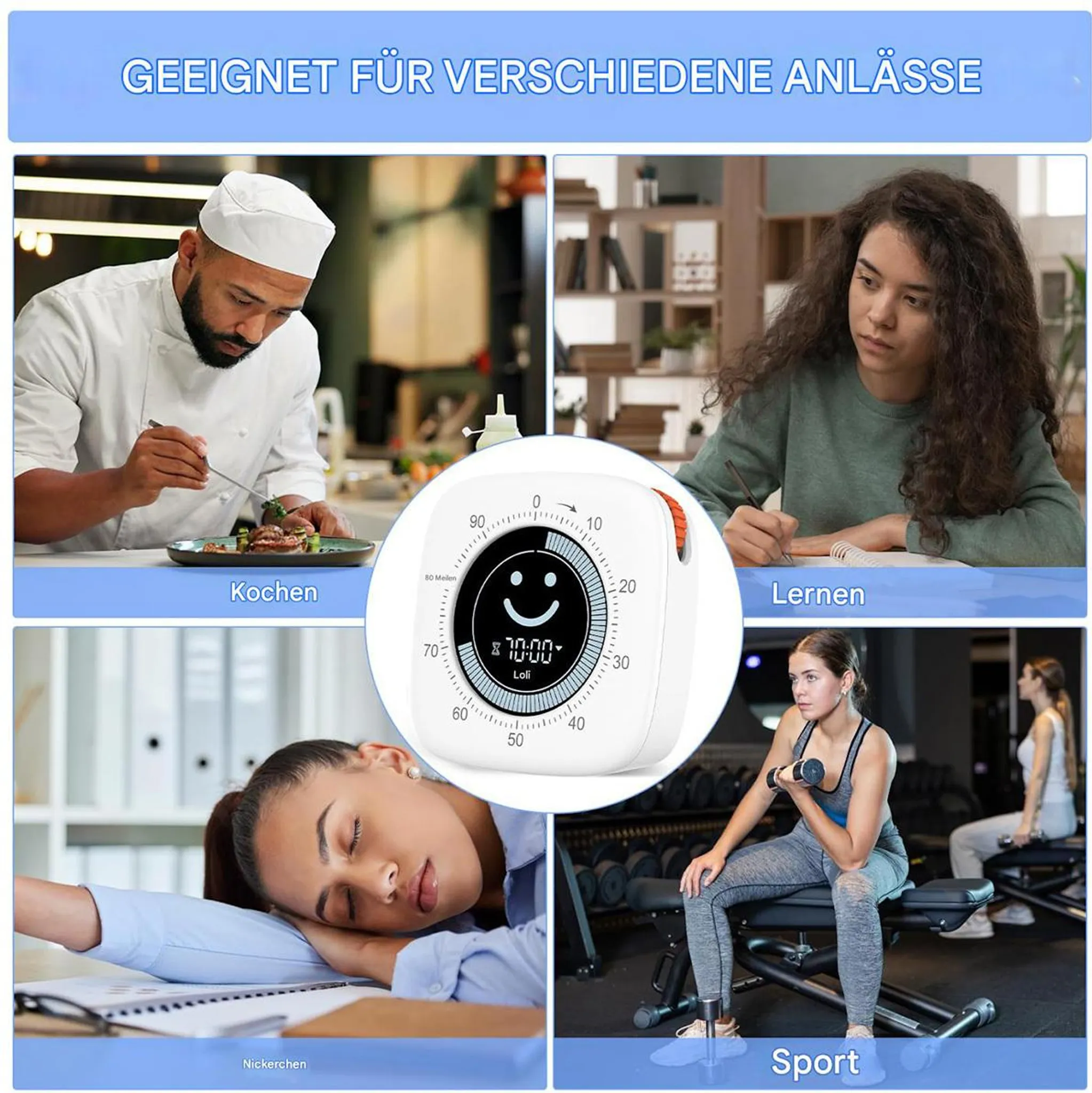 Ein weißer digitaler Timer in der Mitte, umgeben von Bildern von Menschen beim Kochen, Lernen, Schlafen und Sport.