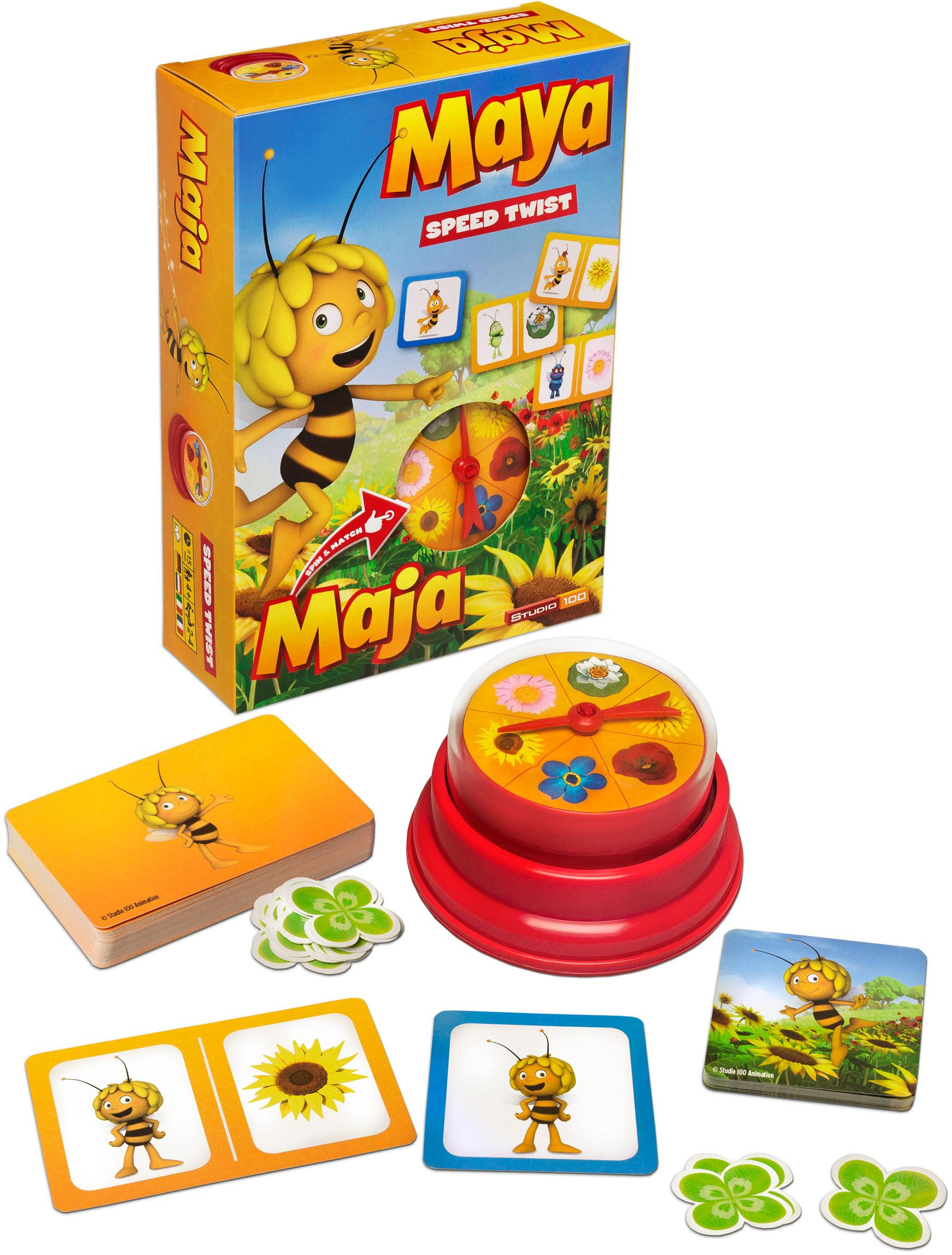 Maya the Bee Speed Twist Brettspiel mit Schachtel, Karten, vierblättrigen Kleeblättern und rotem Spinner.
