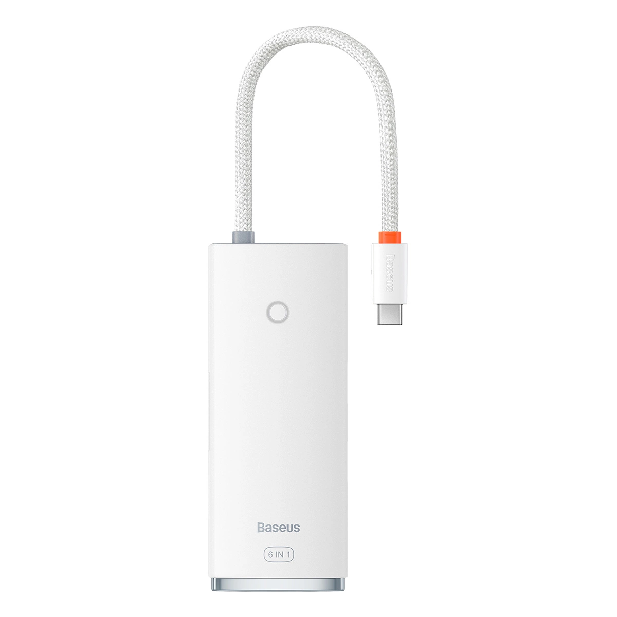 Un hub USB-C bianco con cavo intrecciato integrato e dettaglio arancione su sfondo bianco.