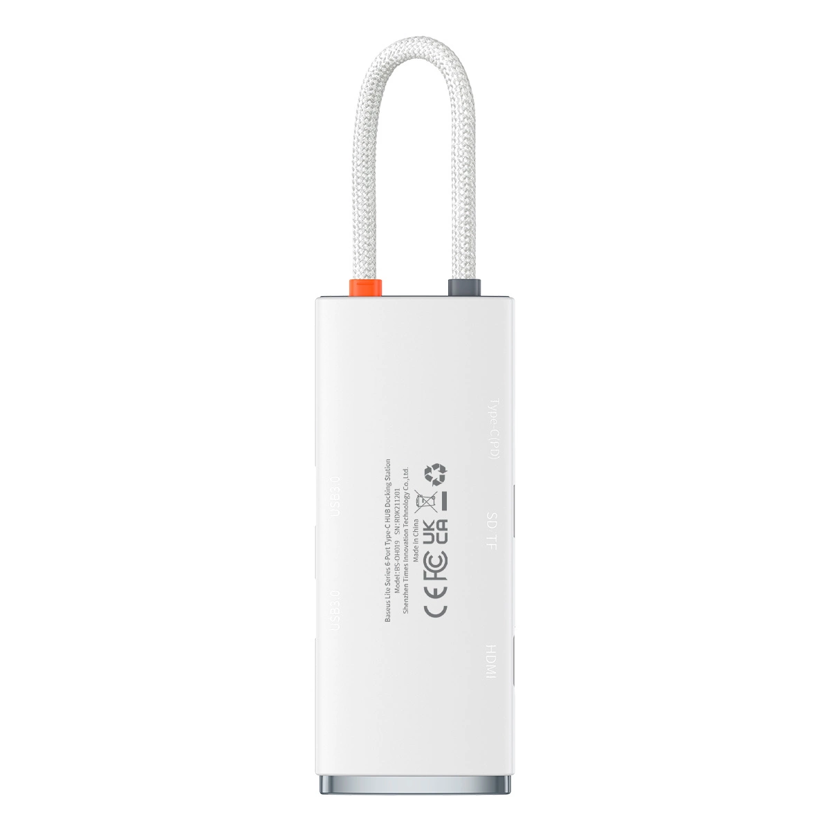 Un hub USB-C bianco con un cavo intrecciato collegato e varie porte, mostrato su sfondo bianco.