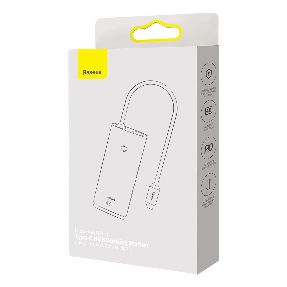 Confezione della docking station Baseus Lite Series 6-Port Type-C Hub in bianco e giallo.