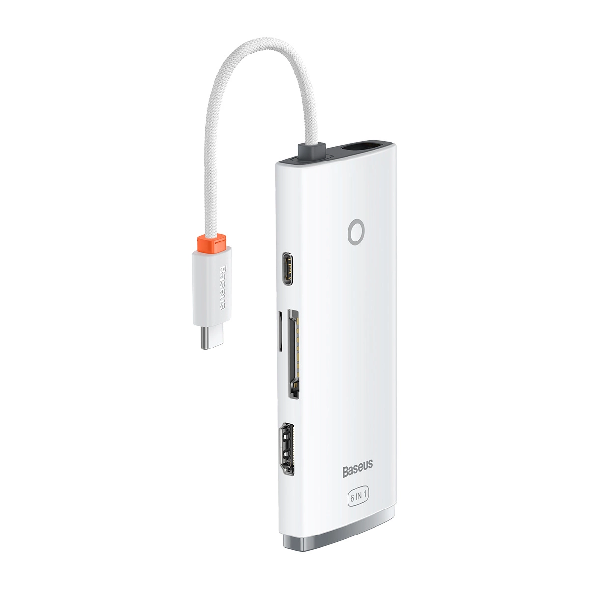 Un hub USB-C Baseus 6 in 1 bianco con cavo intrecciato e varie porte su sfondo bianco.
