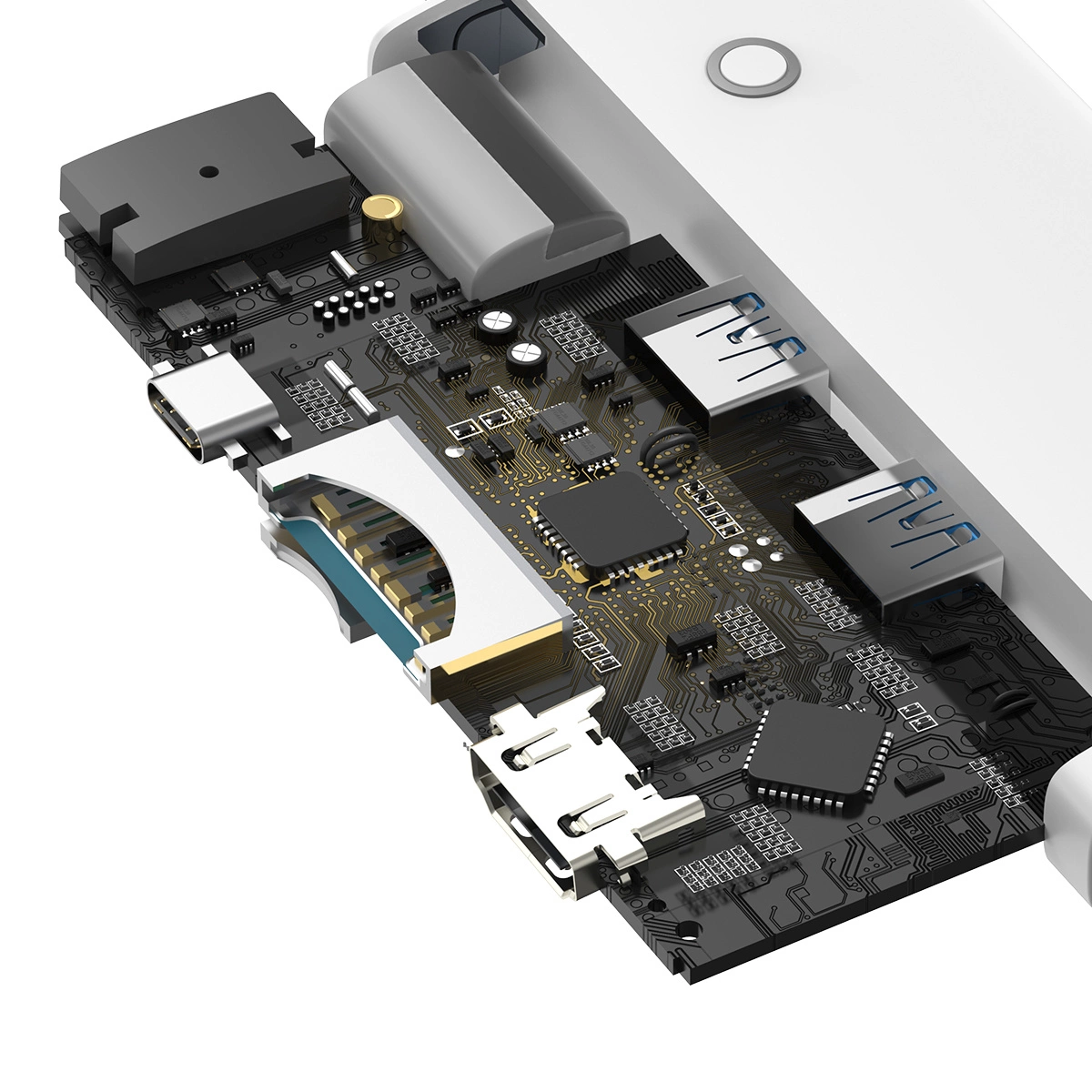 Primo piano di una scheda elettronica aperta con porte USB, microchip e piste di circuiti dorati.
