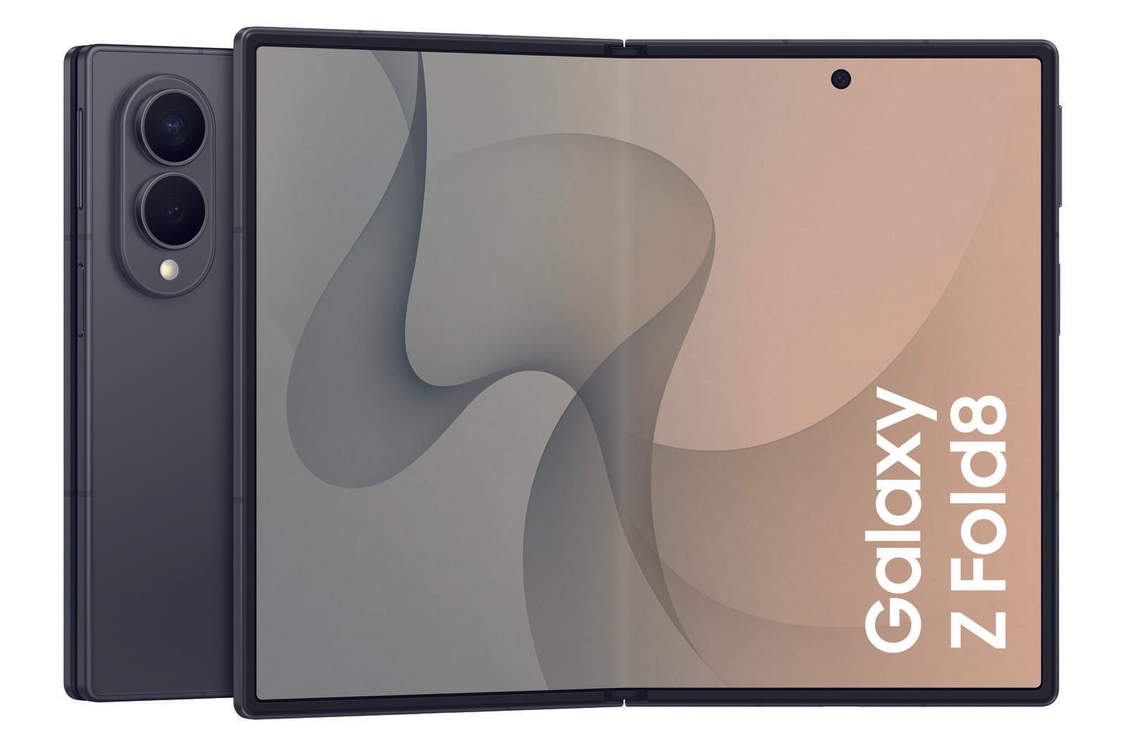 Uno smartphone pieghevole nero, vista anteriore e posteriore, con Galaxy Z Fold8 sullo schermo su sfondo bianco.