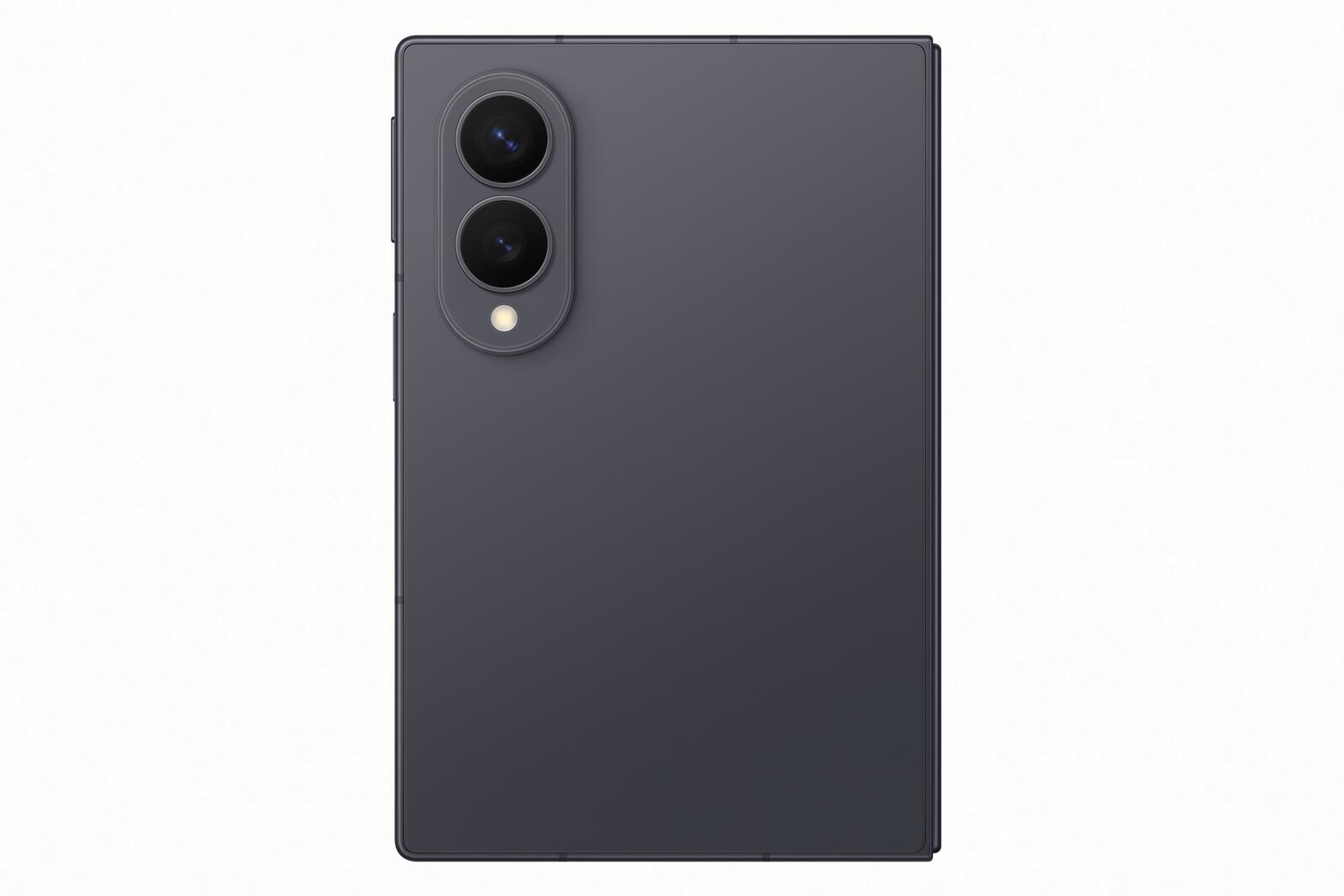 Retro di uno smartphone grigio scuro con modulo a doppia fotocamera verticale e flash.