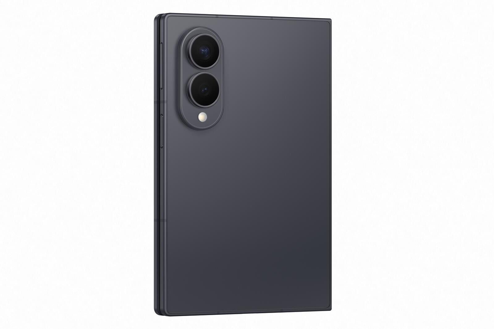 Retro di uno smartphone scuro con modulo fotocamera verticale e due lenti su sfondo bianco.