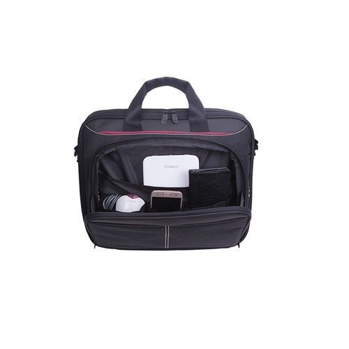 Gadget'lar ve eşyalarla dolu açık bölmeli siyah laptop çantası.