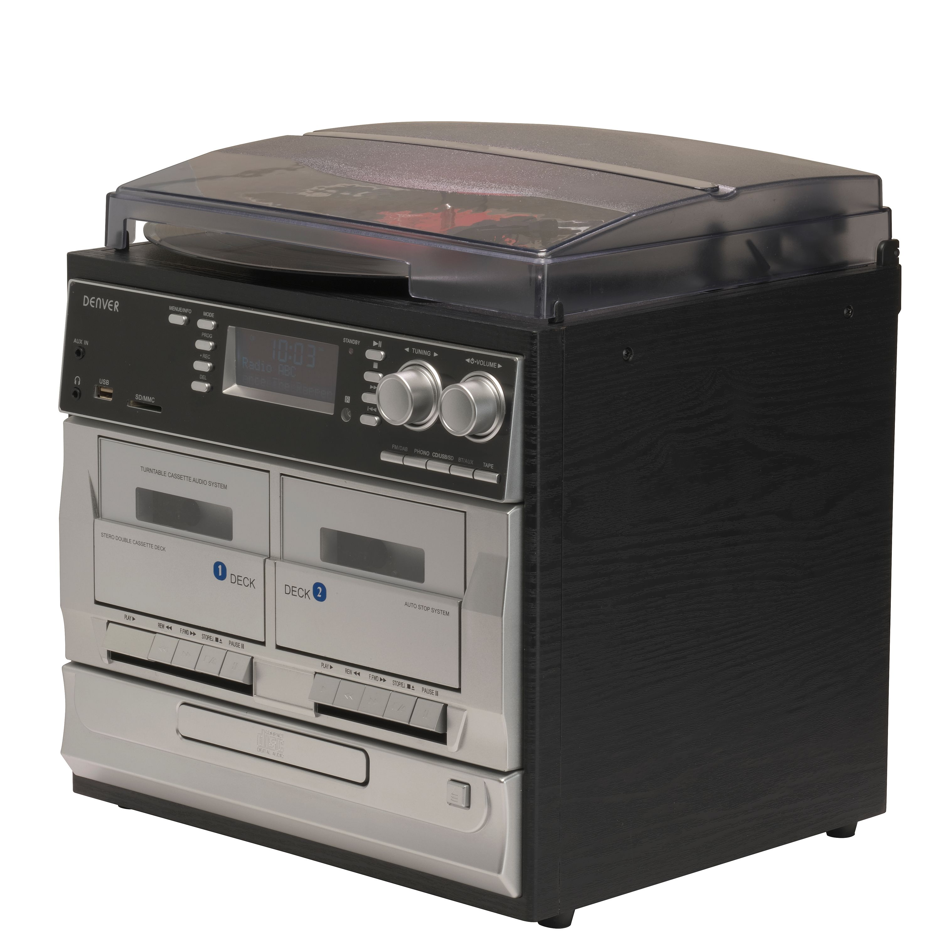 Schwarzes Denver Musicsystem mit Plattenspieler, Kassetten- und CD-Laufwerk auf weißem Grund.