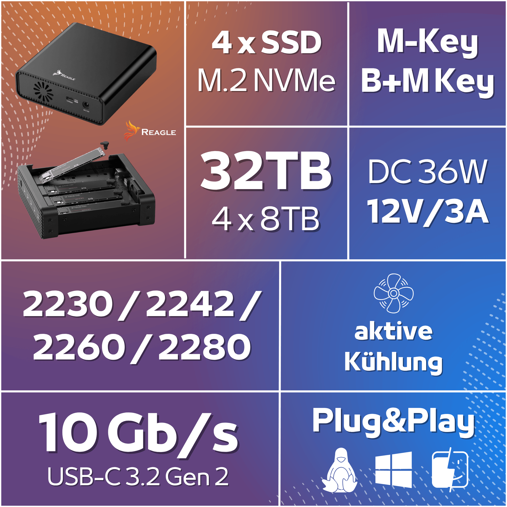 Reagle M.2 NVMe SSD Enclosure für 4 SSDs mit bis zu 32TB, aktiver Kühlung und 10Gb/s USB-C.