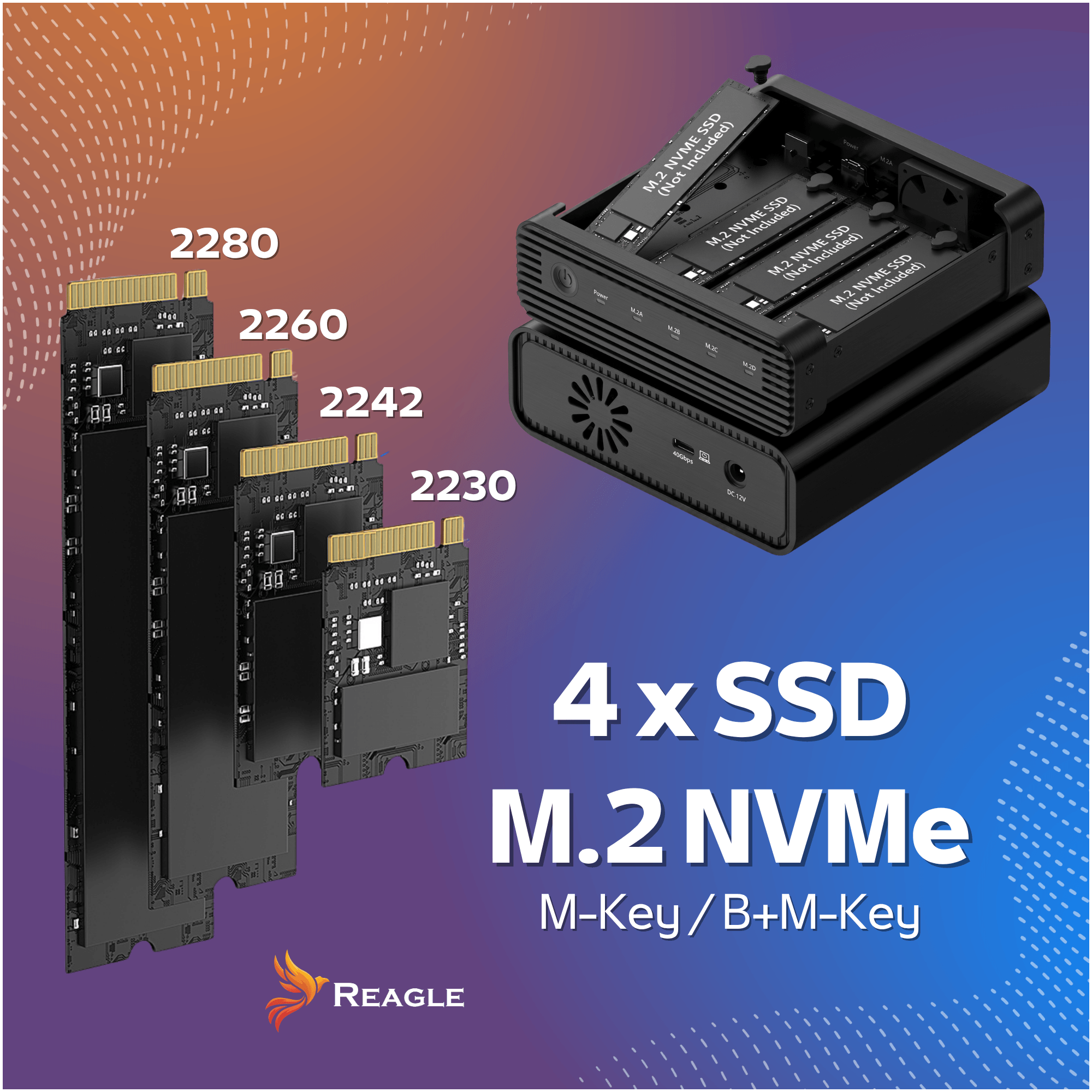 Vier M.2 NVMe SSDs in verschiedenen Größen und ein schwarzes Gehäuse für vier SSDs vor blauem Hintergrund.