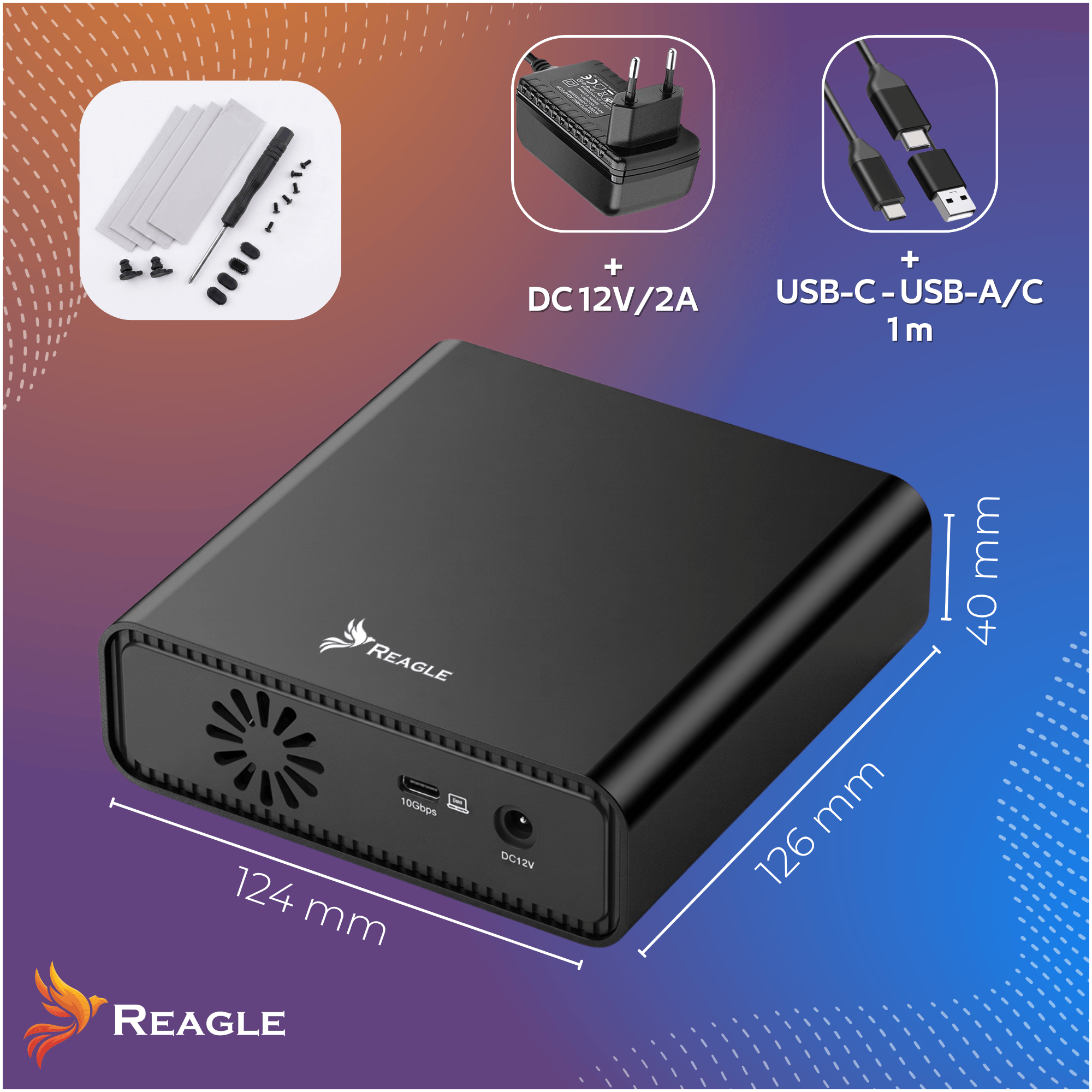 Schwarzes Reagle-Gerät mit Abmessungen, Netzteil, USB-Kabel und Zubehör auf blauem Hintergrund.