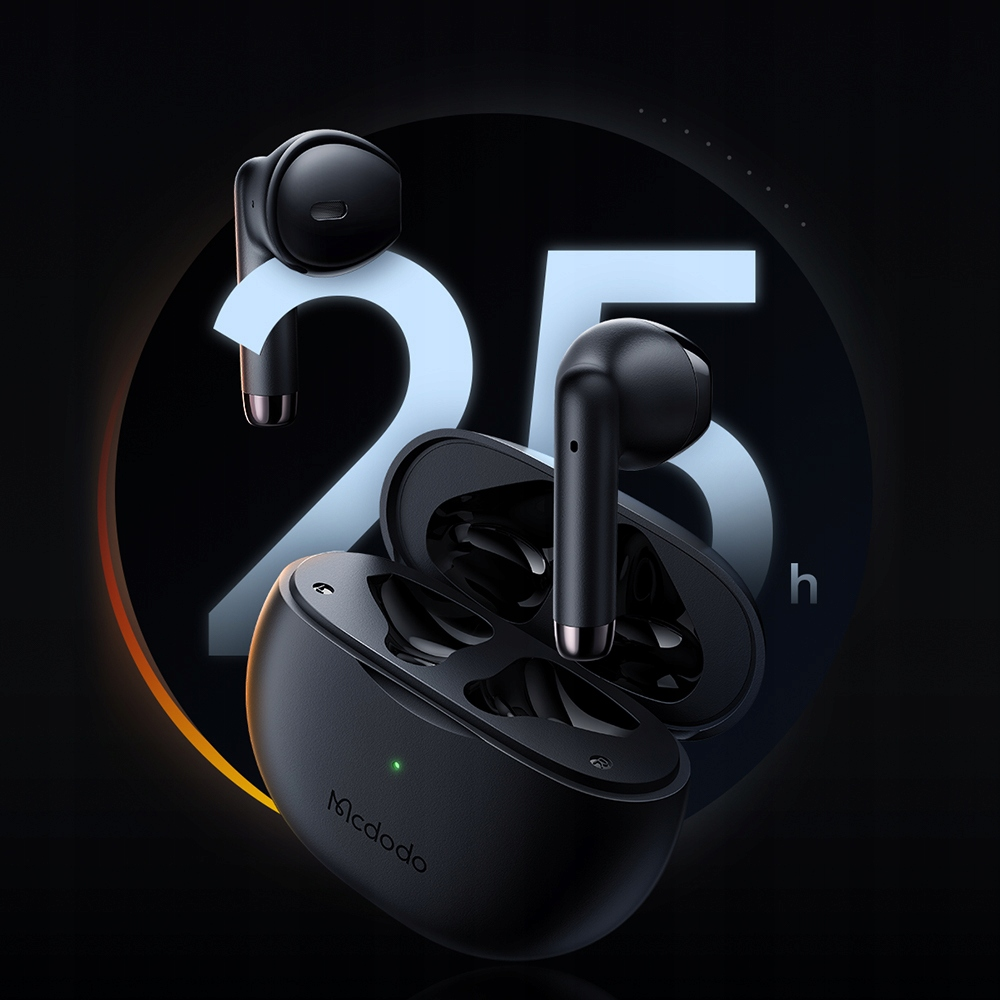 Auricolari wireless neri Mcdodo in custodia di ricarica su sfondo scuro con 25h.