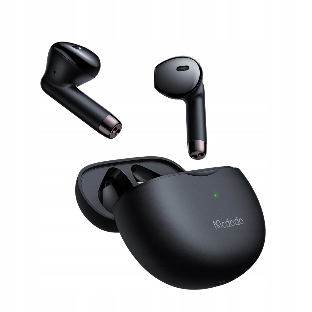 Cuffie in-ear wireless nere con custodia di ricarica e logo Mcdodo su sfondo bianco.