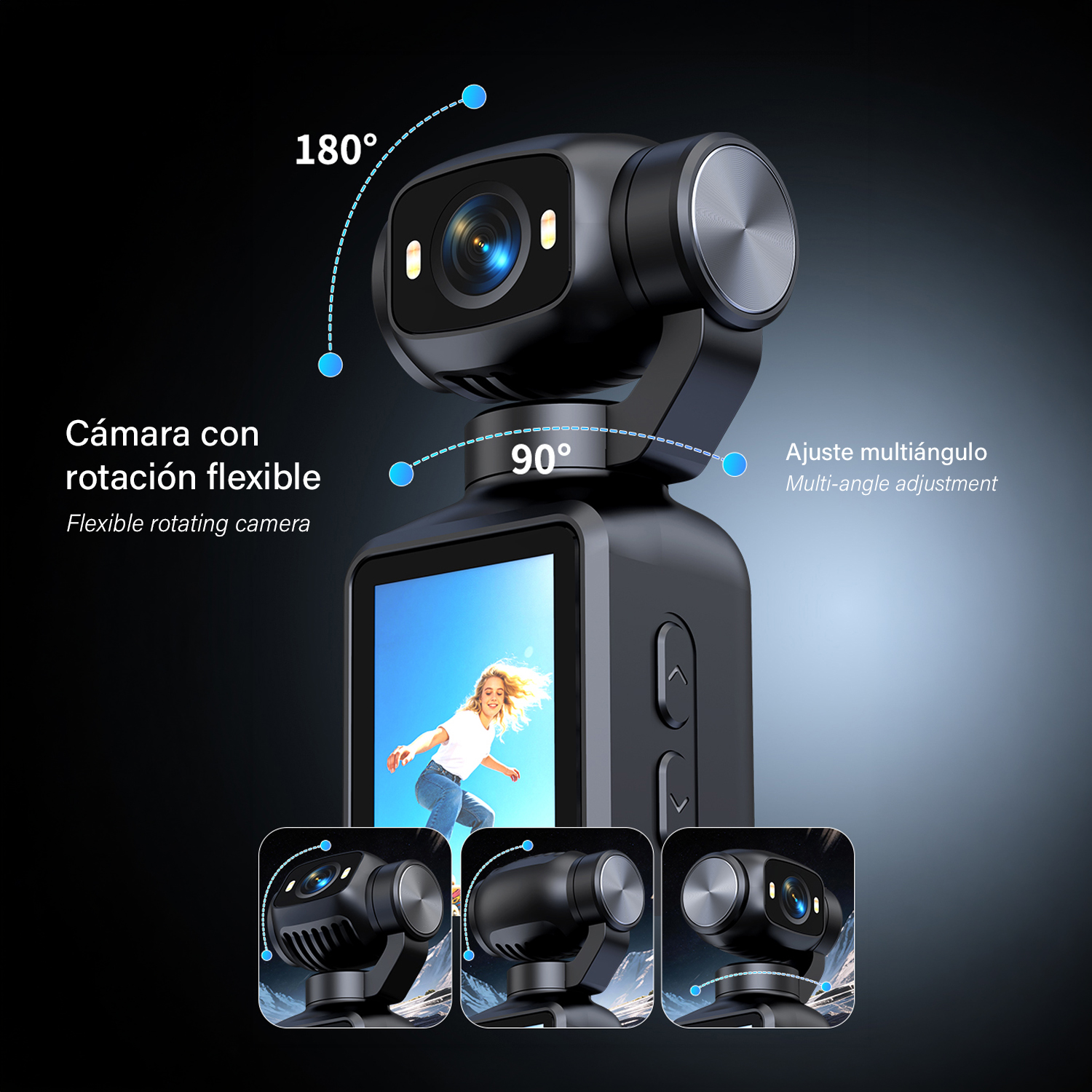 Cámara de bolsillo negra con gimbal flexible que rota 180 y 90 grados, con pantalla LCD y tres ángulos.