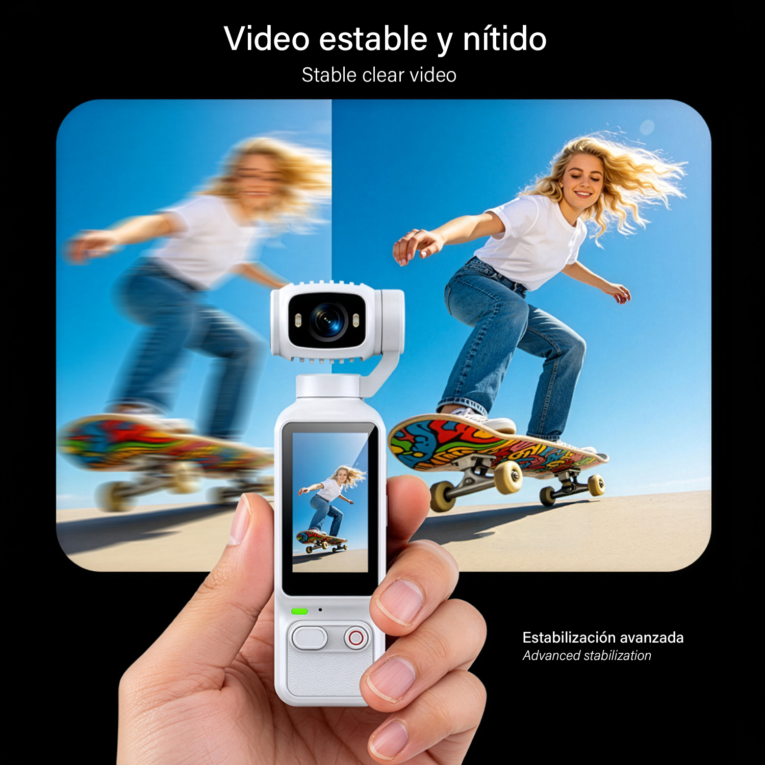 Una mano sostiene una cámara blanca comparando un vídeo de skate borroso y uno estabilizado.