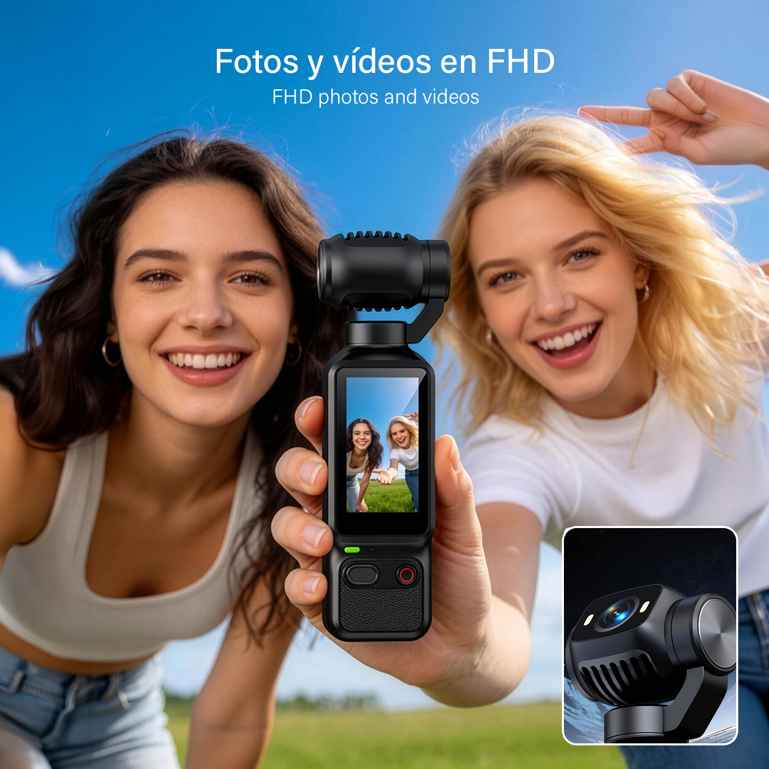 Dos mujeres sonrientes sostienen una pequeña cámara cardán negra contra un cielo azul.