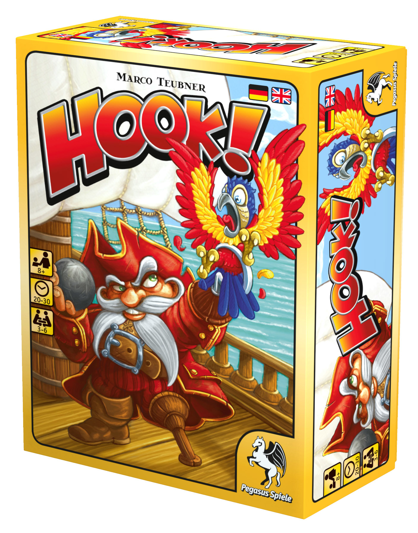 Spielverpackung von Hook! zeigt einen Piraten mit Holzbein, Kanonenkugel und buntem Papagei auf einem Schiff.