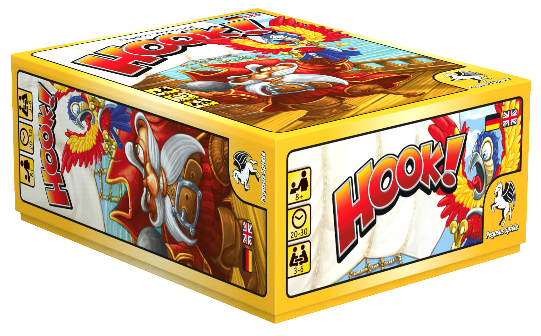 Die gelbe Verpackung des Brettspiels HOOK! zeigt einen Piraten mit rotem Bart und einen bunten Papagei.